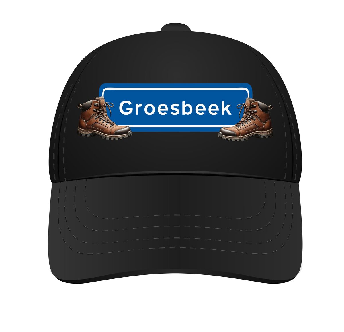 Pet Groesbeek met plaatsnaambord en wandelschoenen