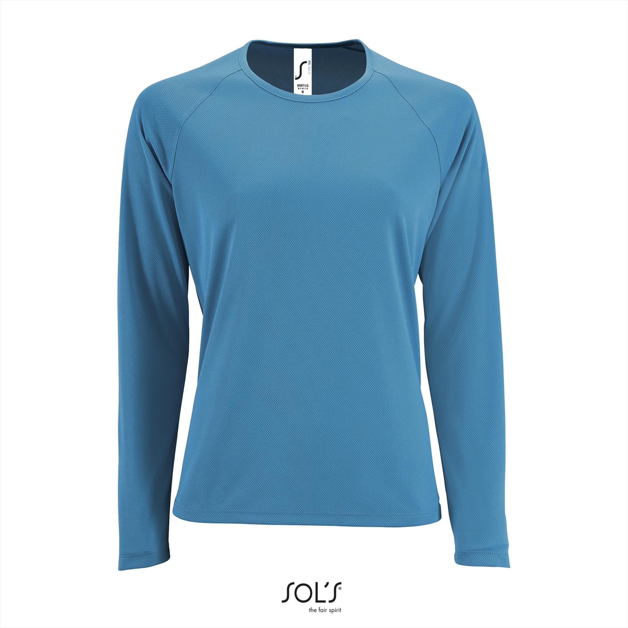 Dames sport T-shirt met lange mouwen aqua blauw