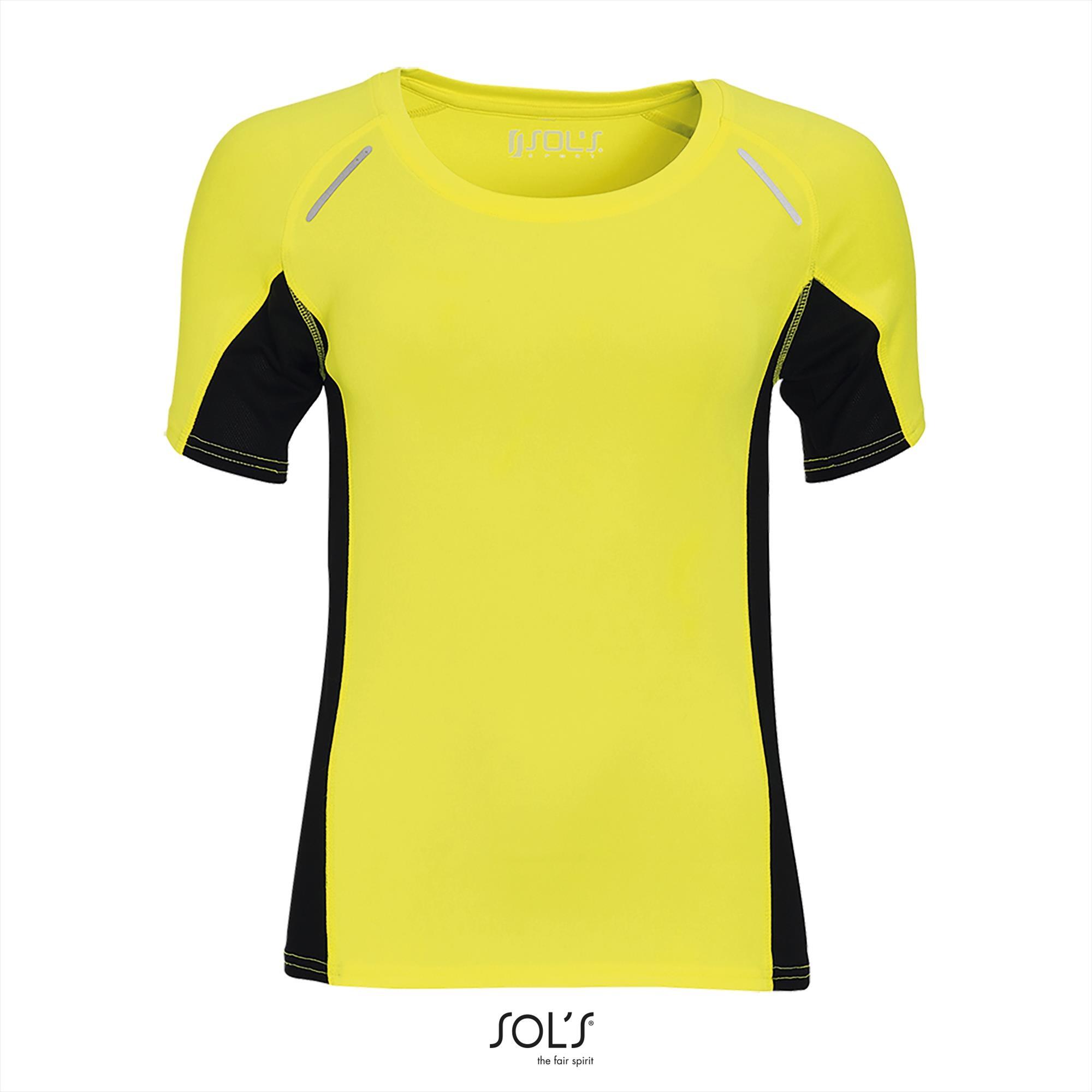 Dames Sportshirt neon geel met contrasterende kleur aan de zijkant