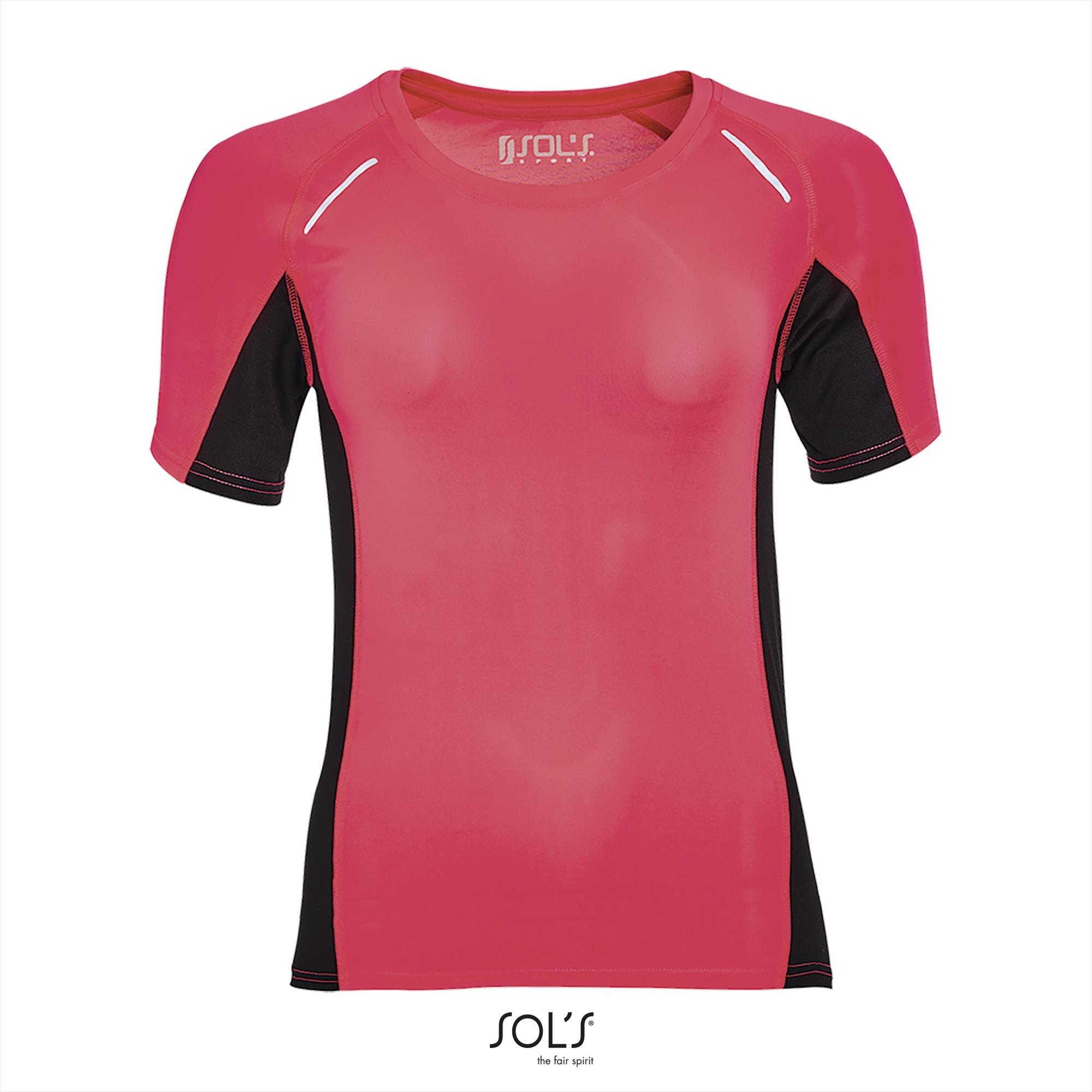 Dames Sportshirt neon koraal rood met contrasterende kleur aan de zijkant