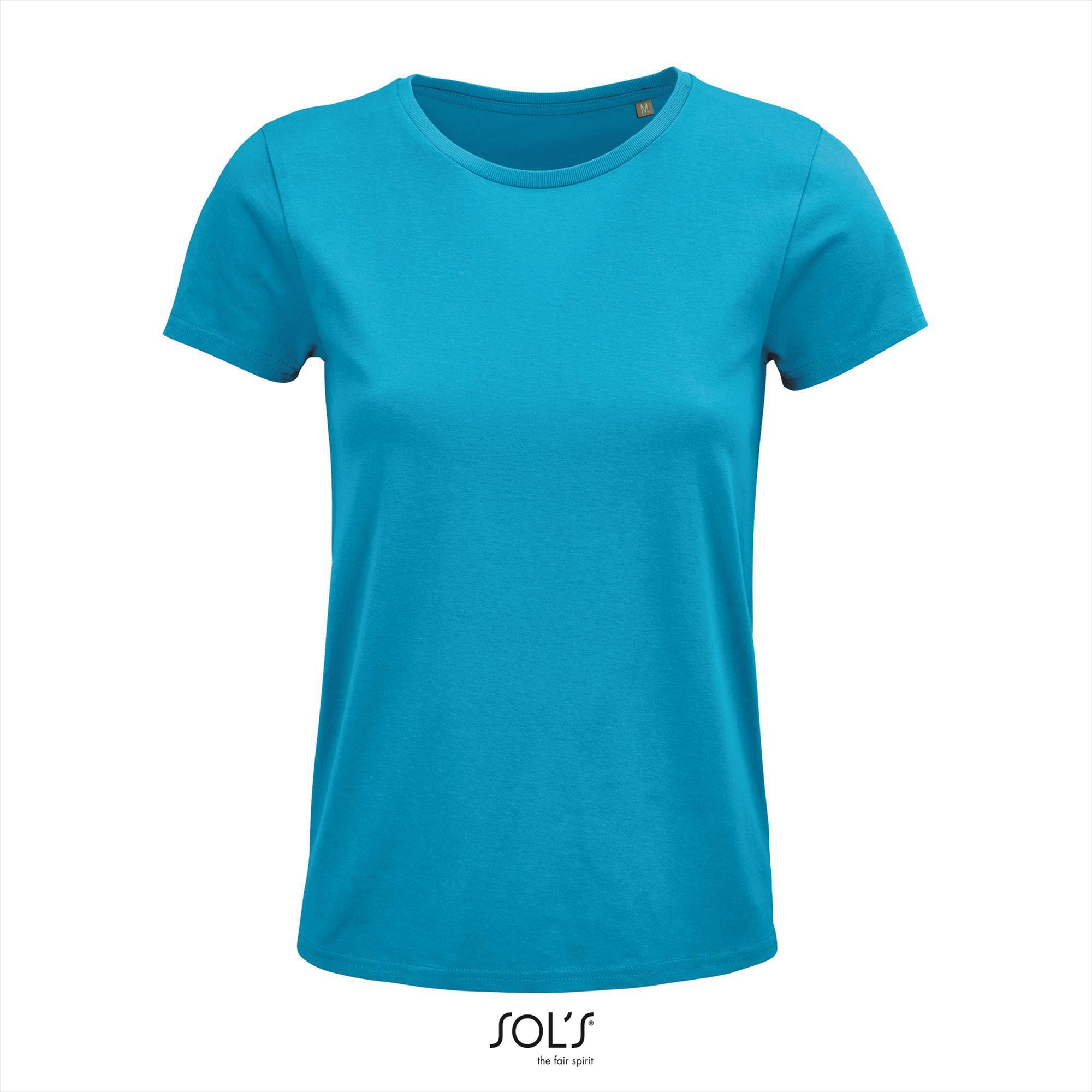 Dames T-shirt aqua blauw Ronde hals biologisch katoen