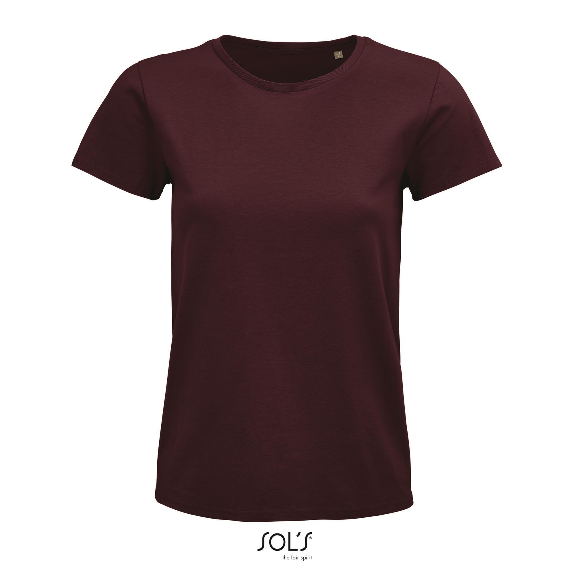 Dames T-shirt bordeaux biologisch katoen ronde hals