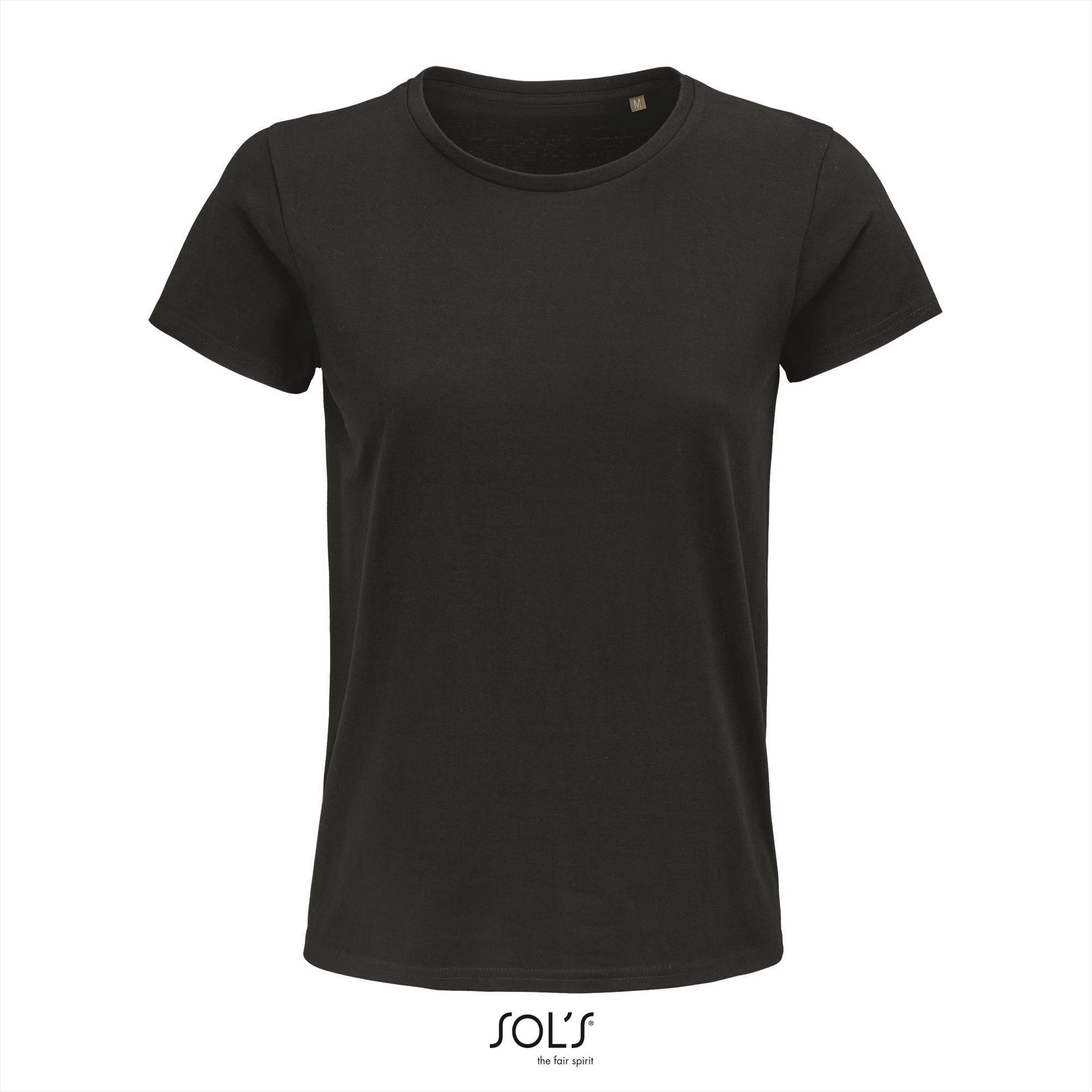 Dames T-shirt diep zwart biologisch katoen ronde hals