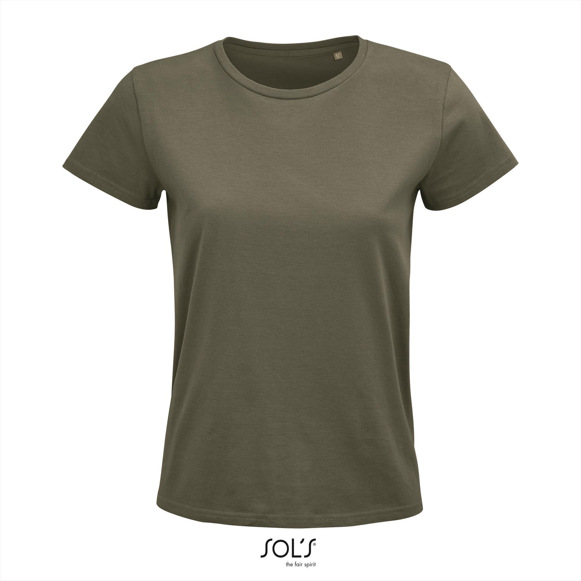 Dames T-shirt khaki biologisch katoen ronde hals