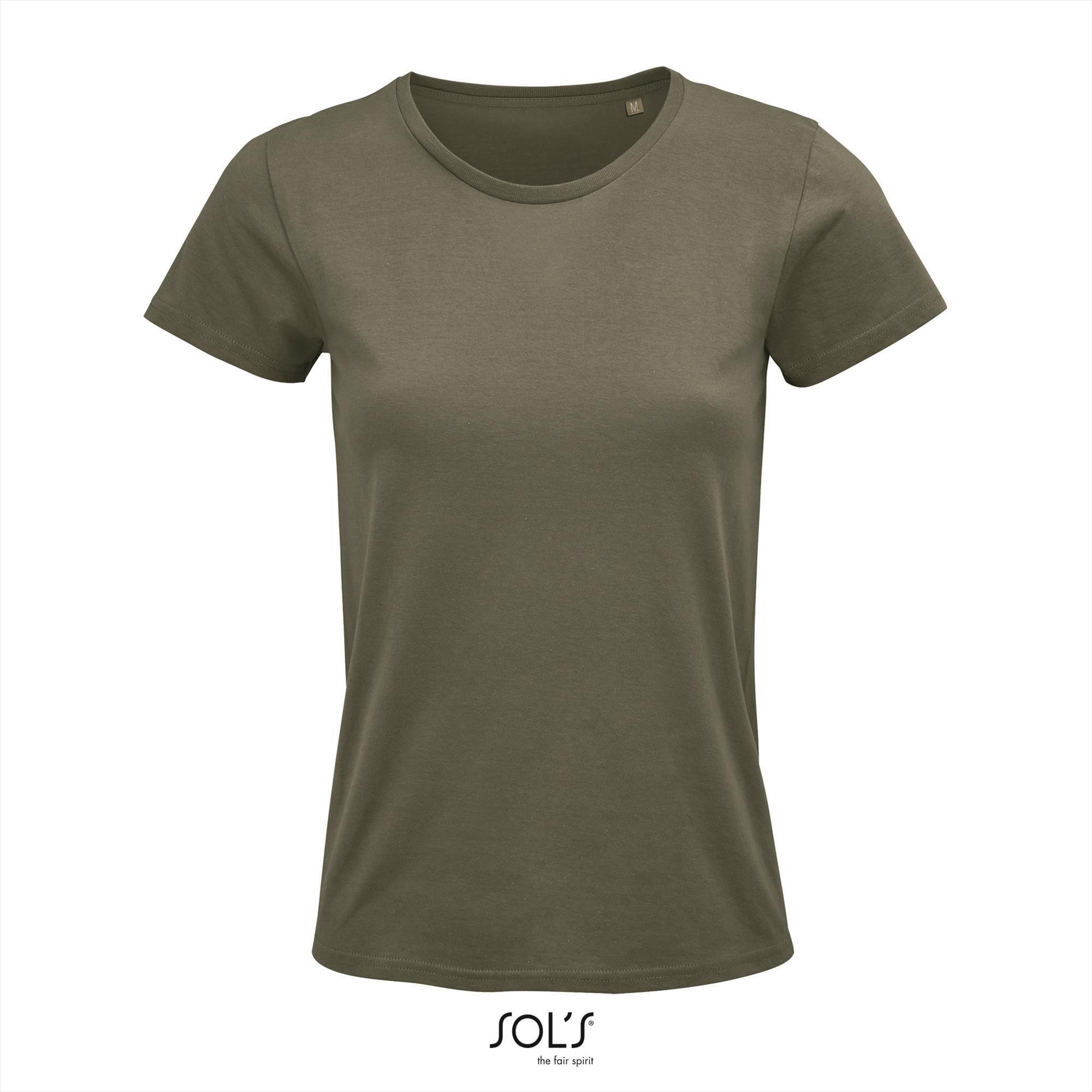 Dames T-shirt khaki Ronde hals biologisch katoen