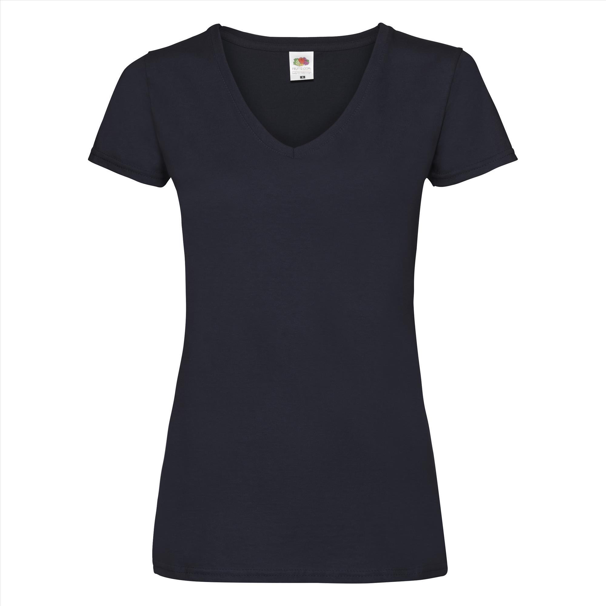 Dames T-shirt met V-hals diep Marine blauw Fruit of the Loom