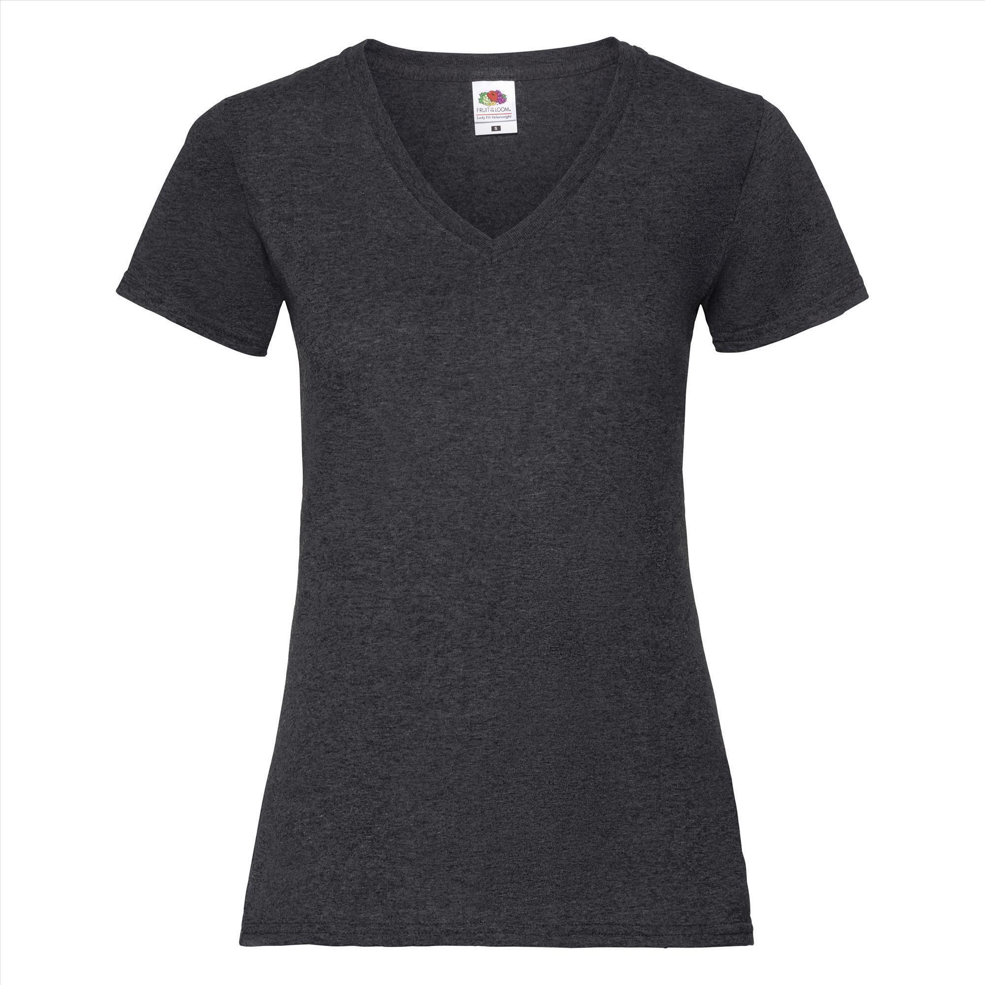 Dames T-shirt met V-hals donker gemêleerd grijs Fruit of the Loom