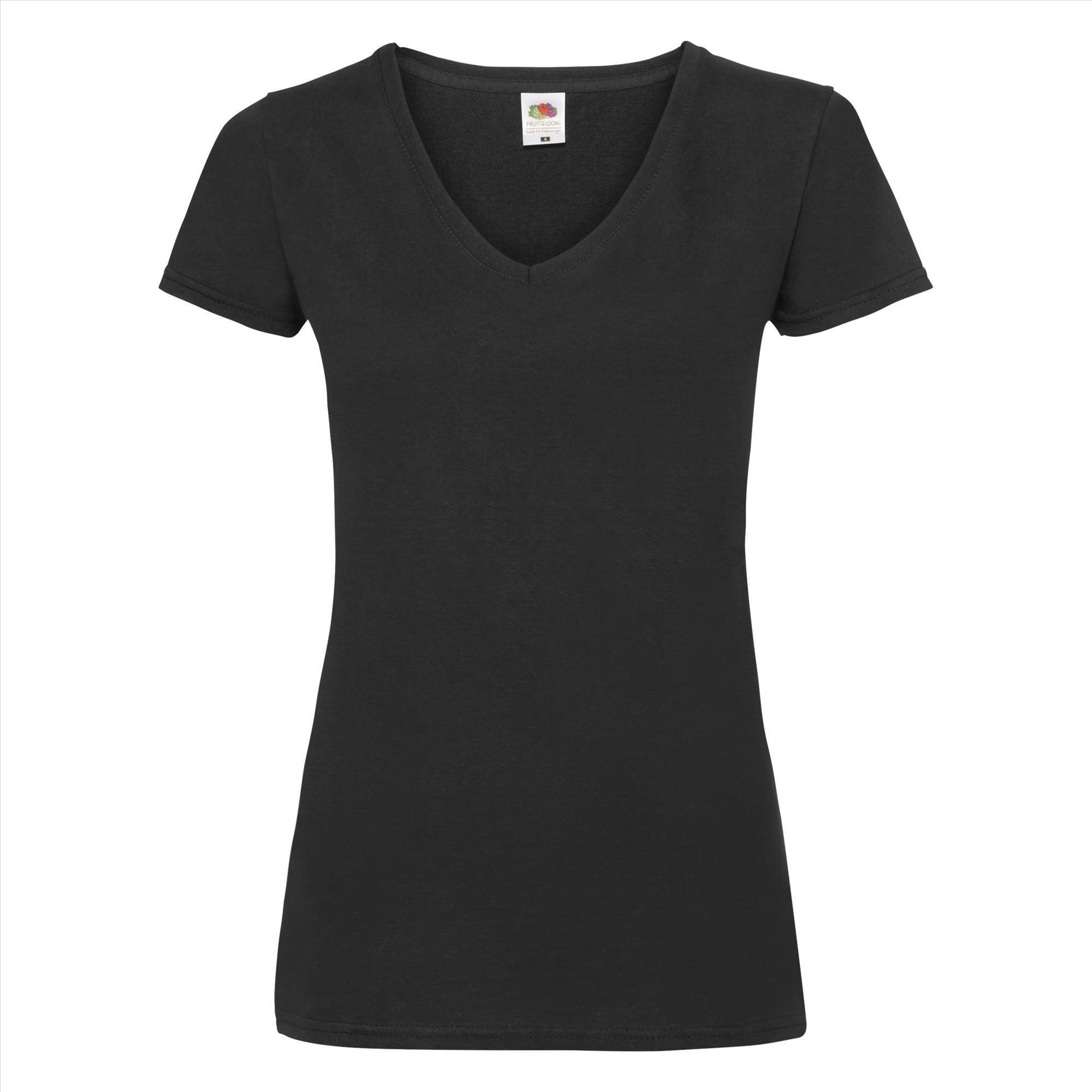 Dames T-shirt met V-hals zwart Fruit of the Loom