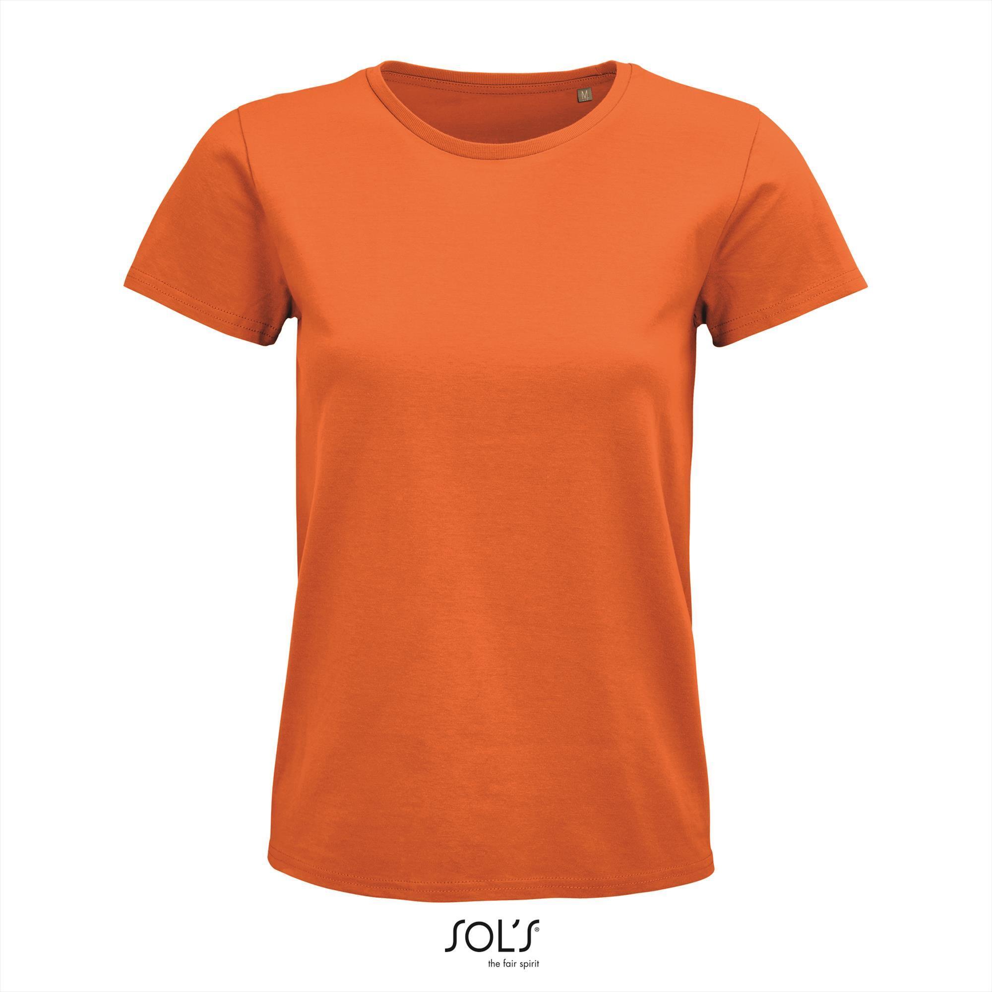 Dames T-shirt oranje biologisch katoen ronde hals