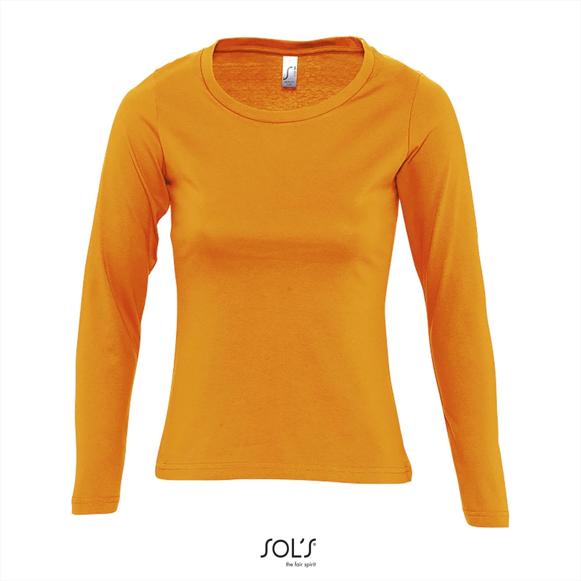 Dames T-shirt oranje Lange mouw T-shirt brede ronde hals