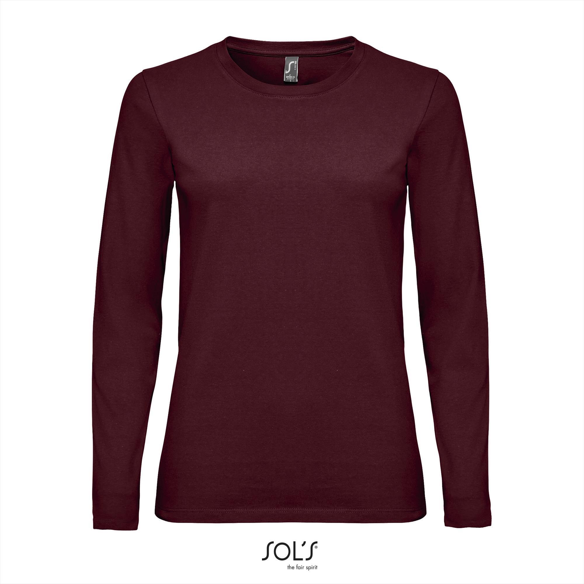 Dames T-shirt oxblood rood met lange mouw en ronde hals