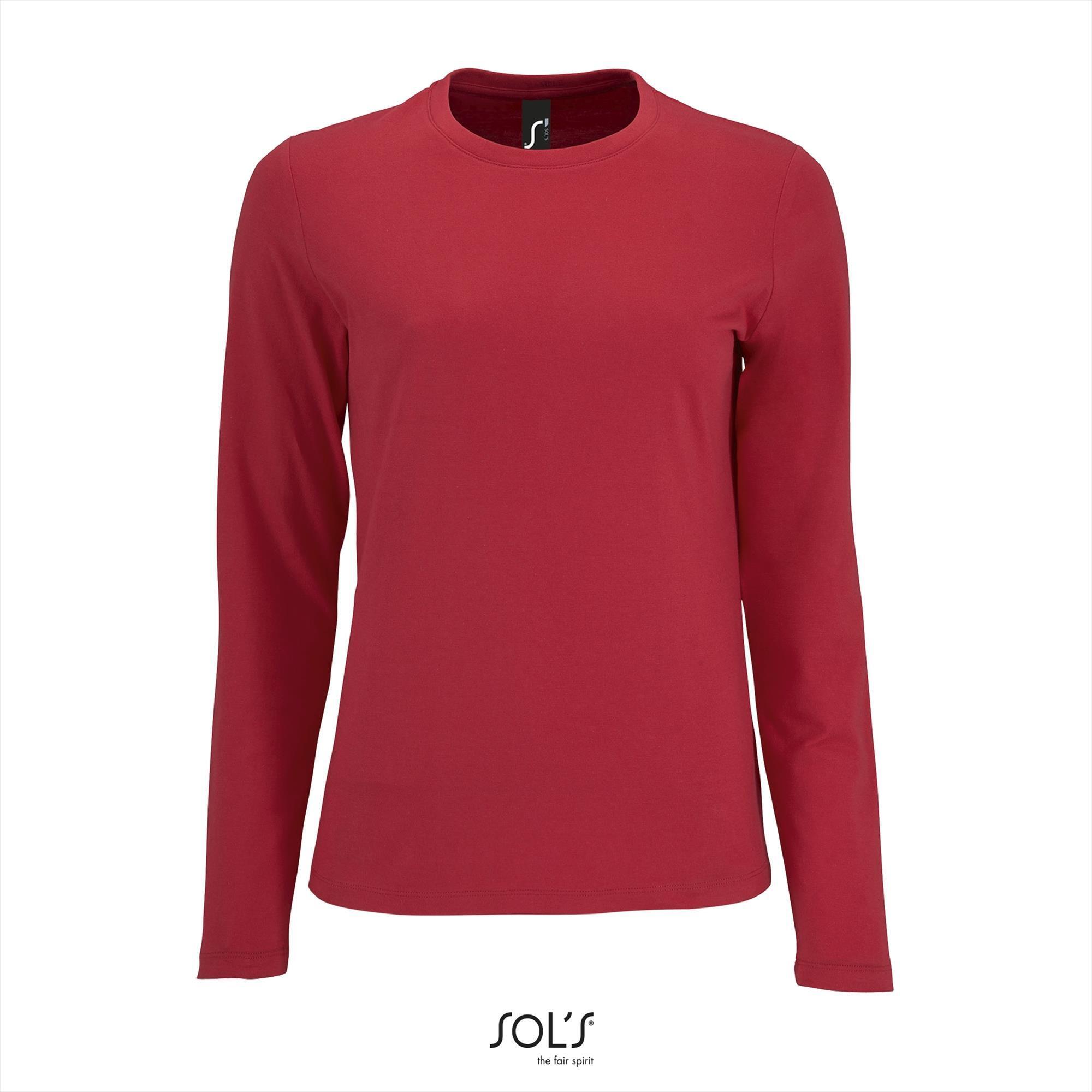 Dames T-shirt rood met lange mouw en ronde hals