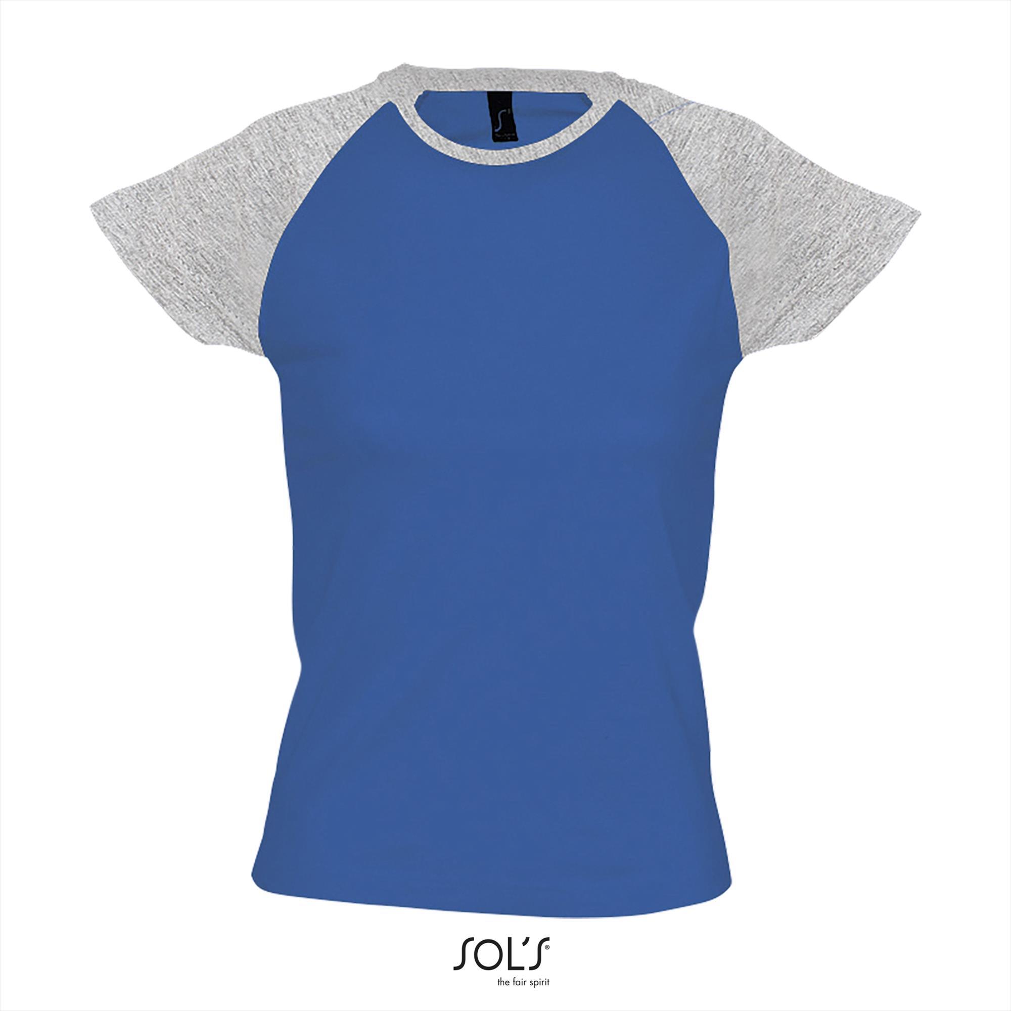 Dames T-shirt tweekleurig blauw met grijs melange