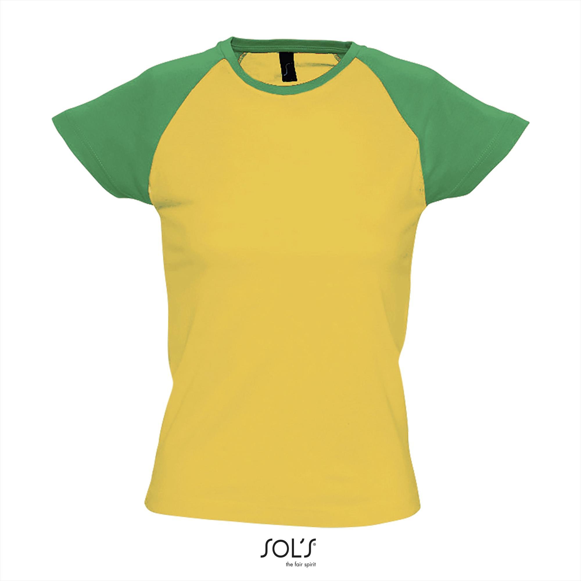 Dames T-shirt tweekleurig goud geel met groen