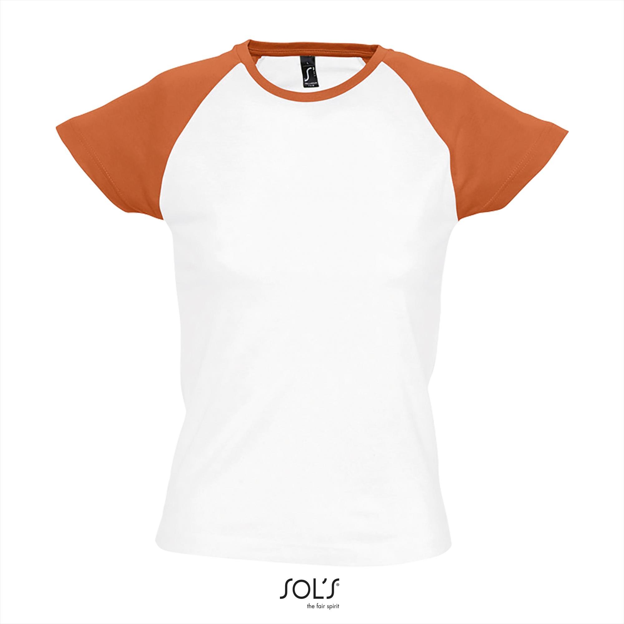 Dames T-shirt tweekleurig wit met oranje