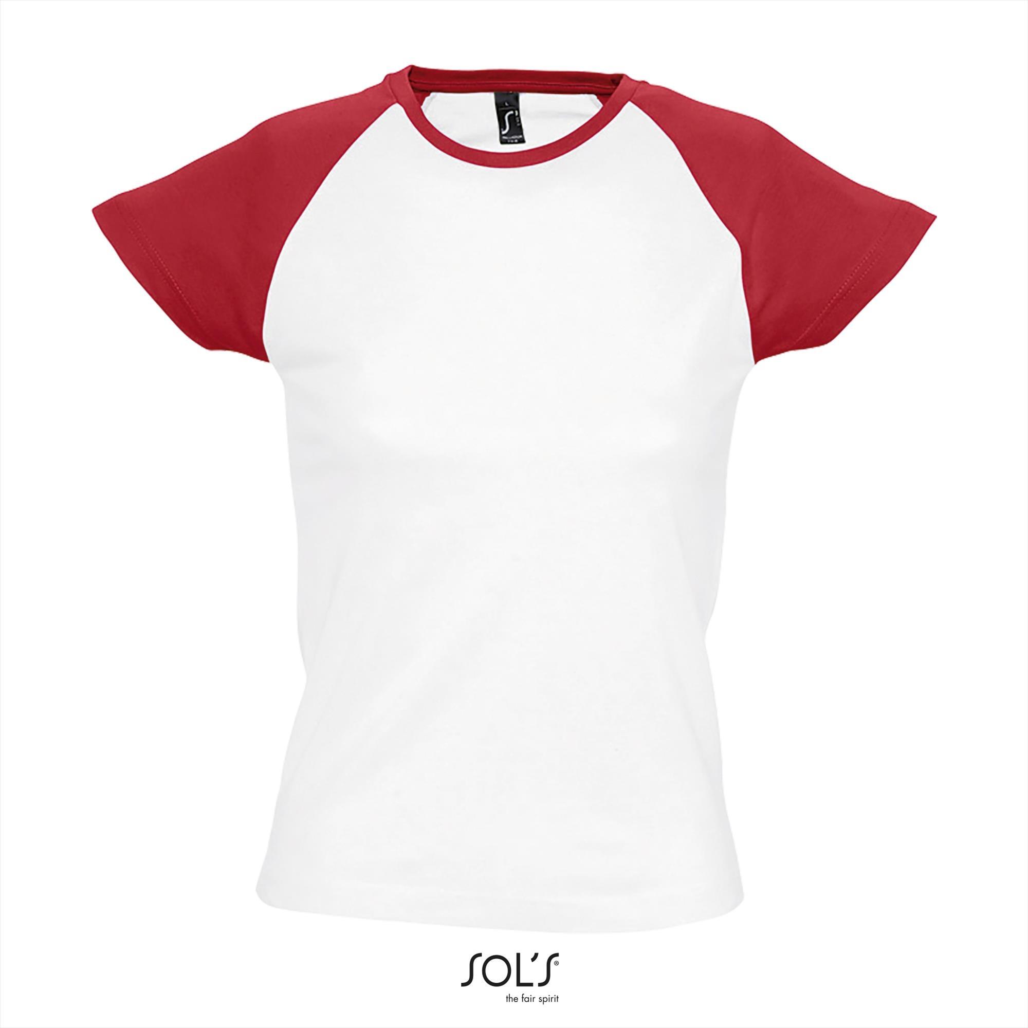 Dames T-shirt tweekleurig wit met rood