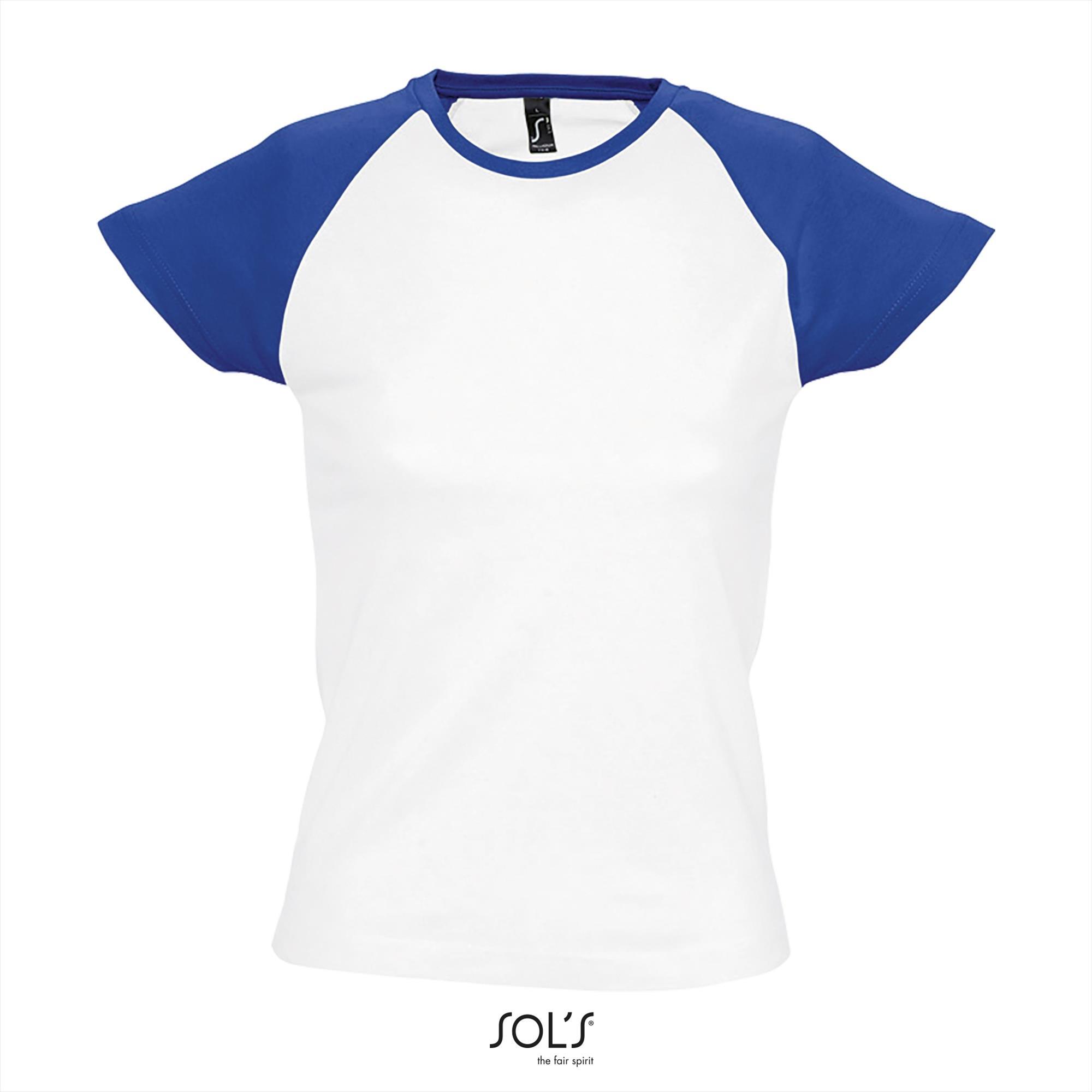 Dames T-shirt tweekleurig wit met royal blauw