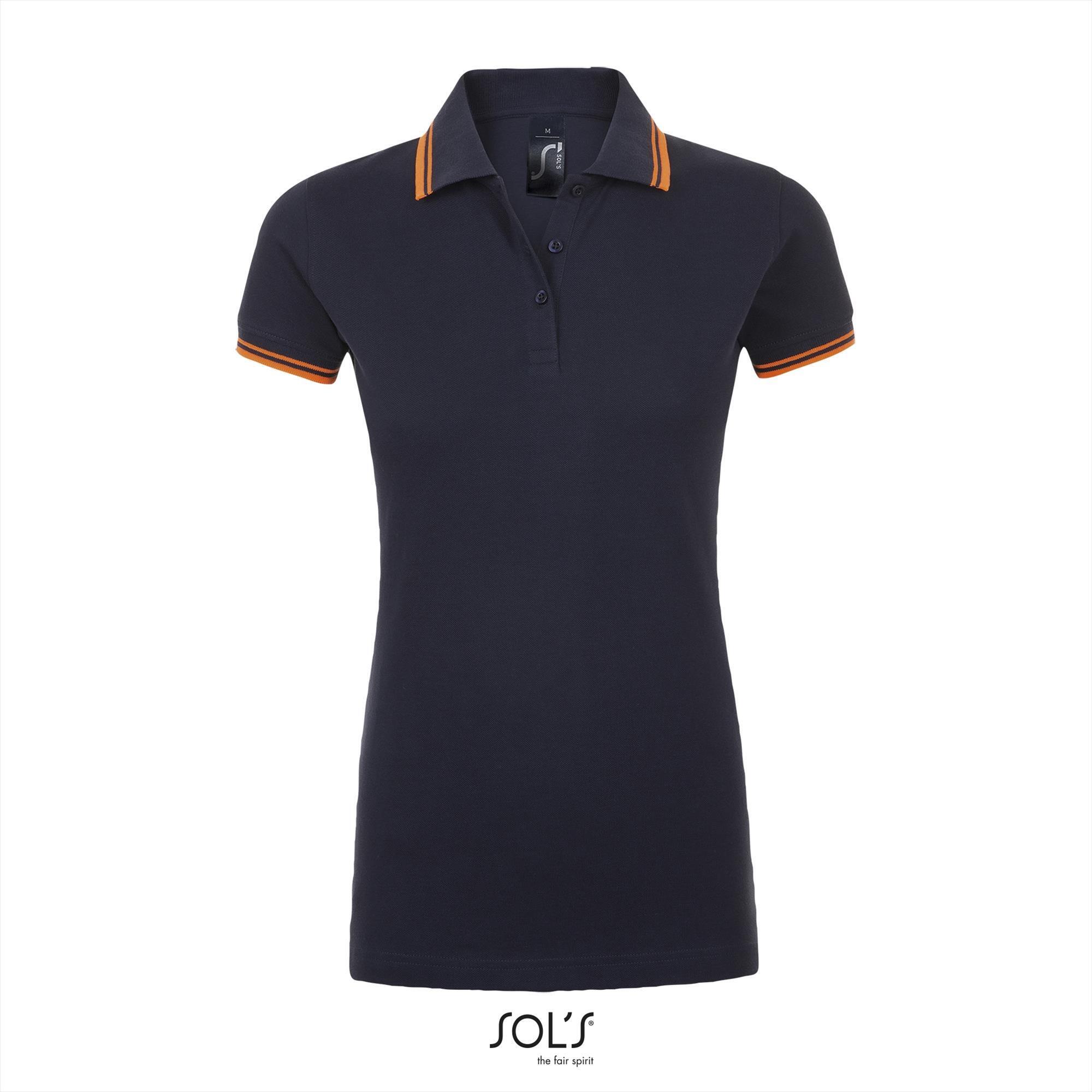 Elegante fraaie dames polo donkerblauw met neon oranje bedrukbaar personaliseren korte mouw