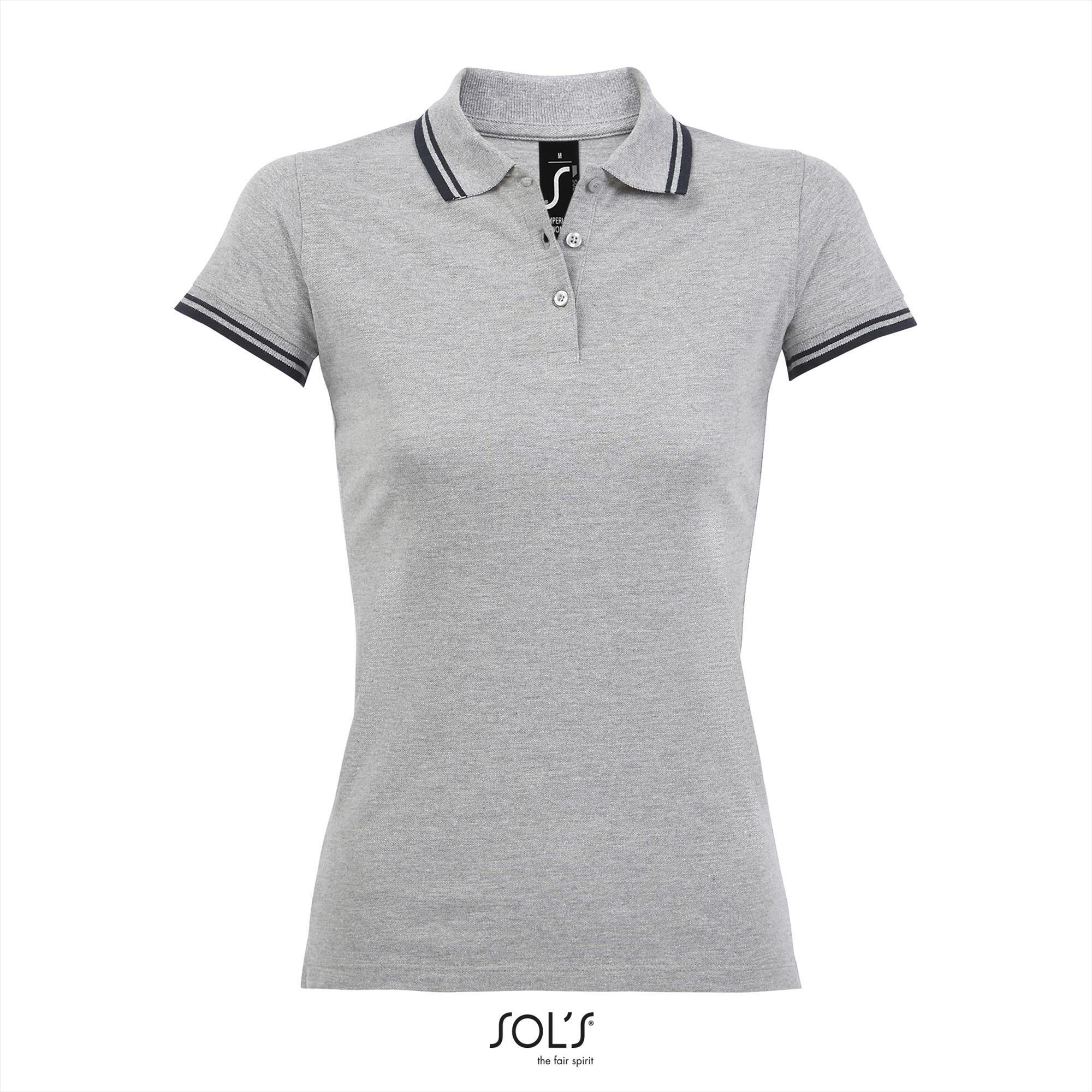 Elegante fraaie dames polo melange grijs met donkerbaluw bedrukbaar personaliseren korte mouw