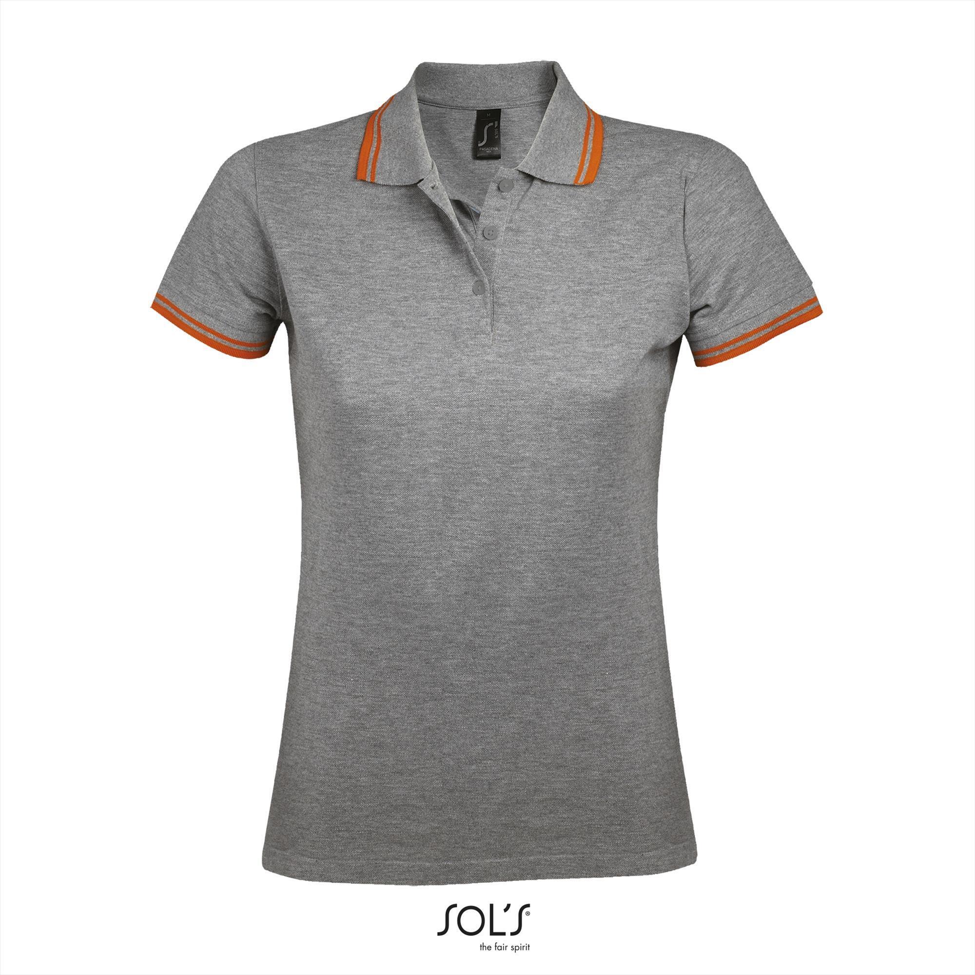 Elegante fraaie dames polo melange grijs met oranje bedrukbaar personaliseren korte mouw