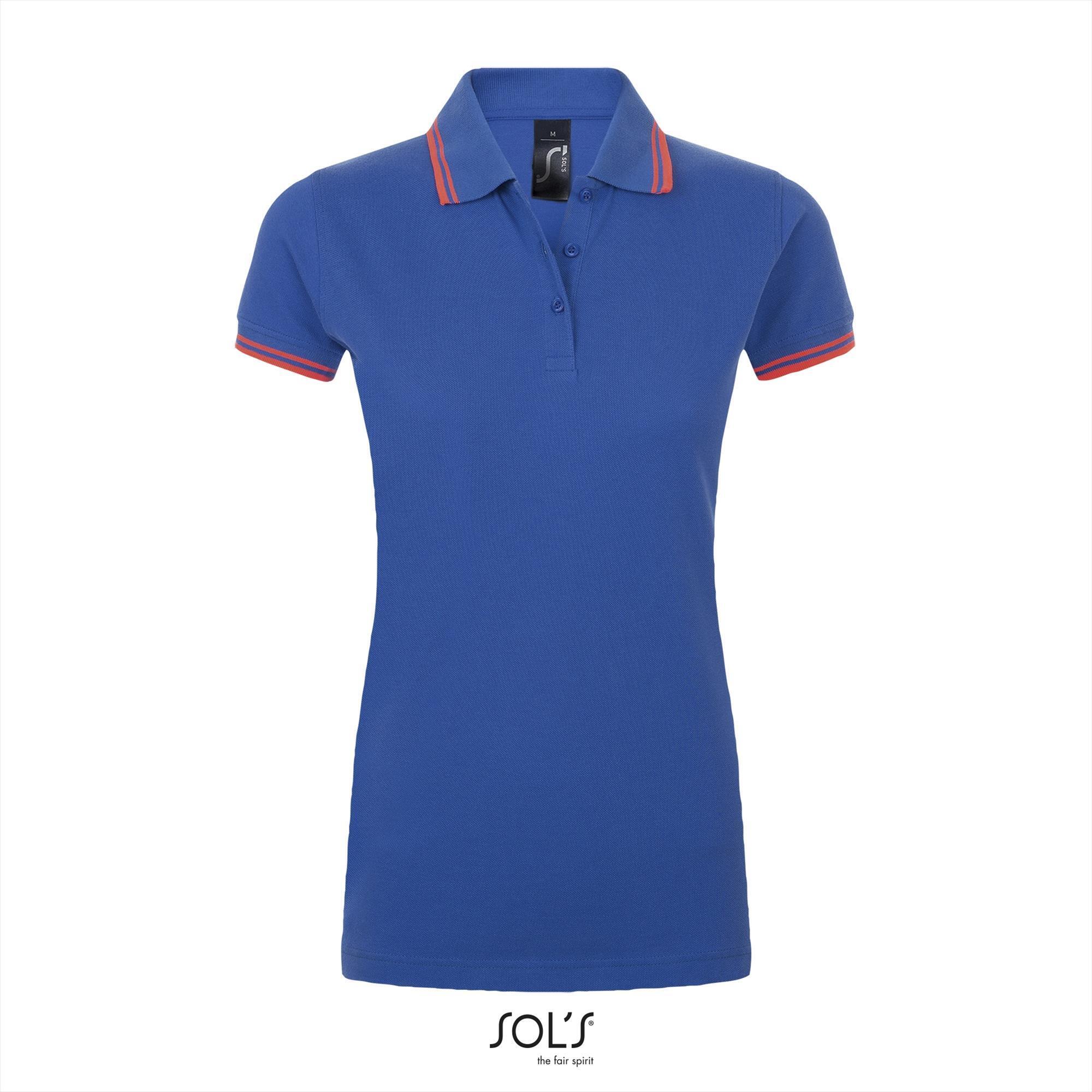 Elegante fraaie dames polo royal blauw met koraal rood bedrukbaar personaliseren korte mouw