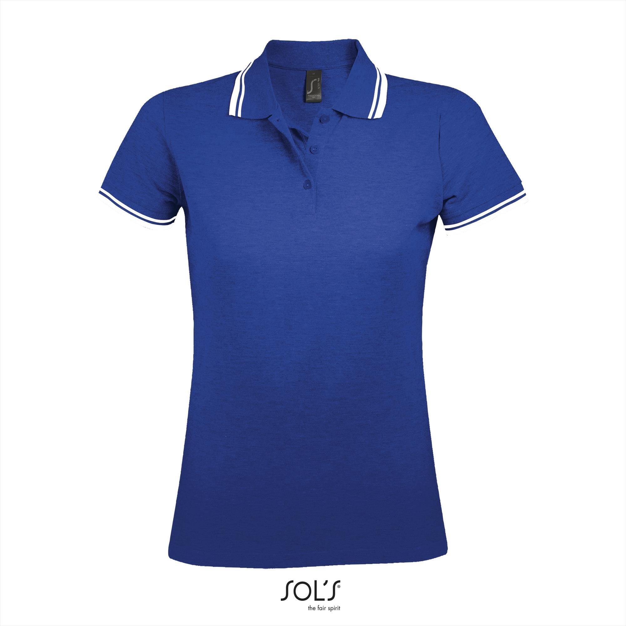 Elegante fraaie dames polo royal blauw met wit bedrukbaar personaliseren korte mouw