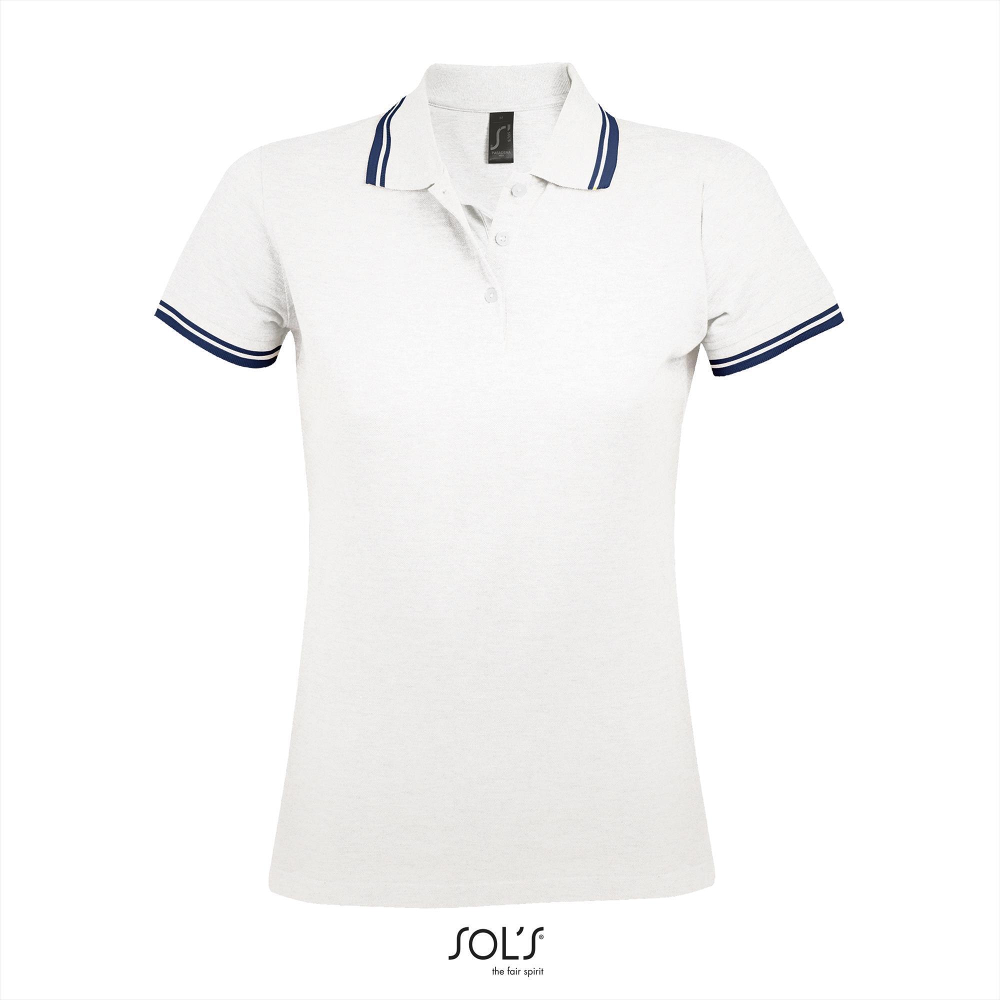 Elegante fraaie dames polo wit met donkerblauw bedrukbaar personaliseren korte mouw