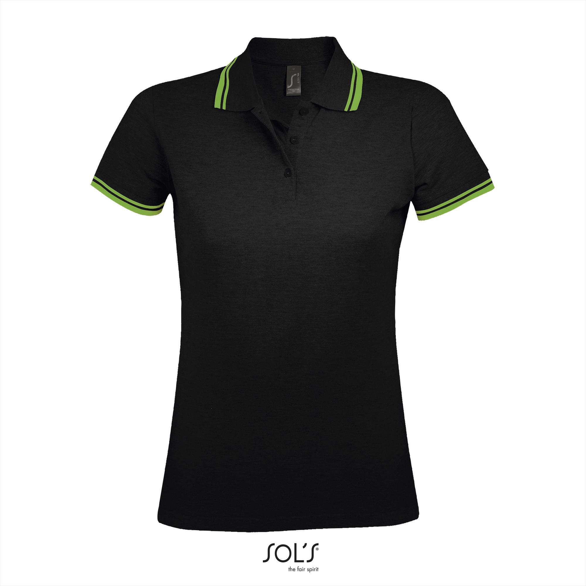 Elegante fraaie dames polo zwart met lime groen bedrukbaar personaliseren korte mouw