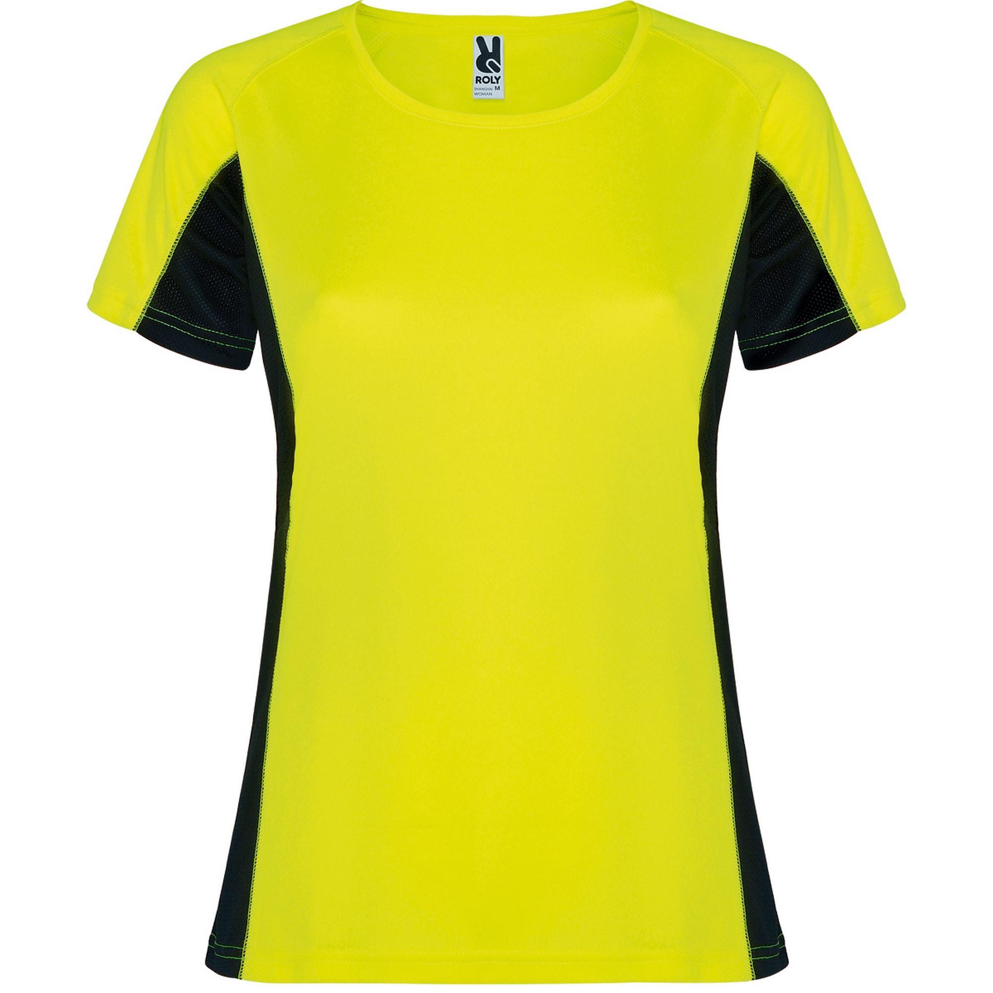 Fraaie sport dames T-shirt fluor geel met zwart