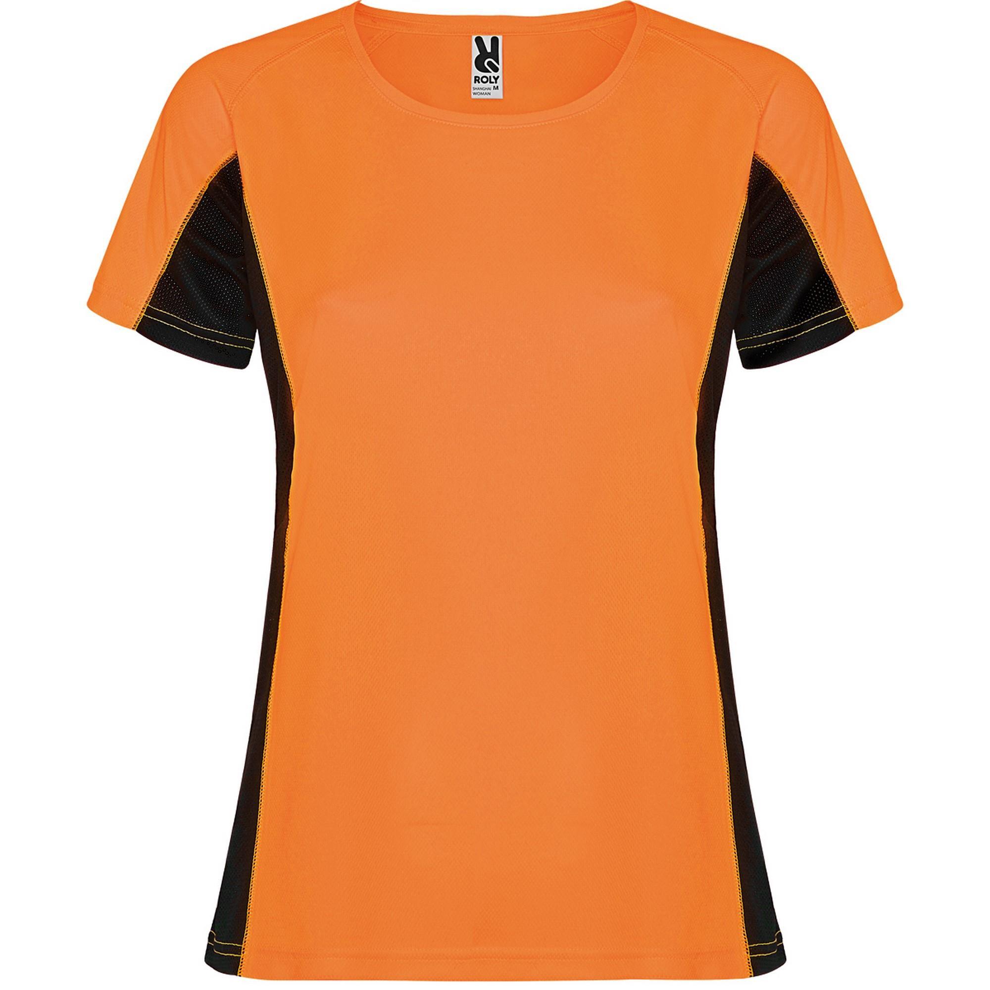 Fraaie sport dames T-shirt fluor oranje met zwart
