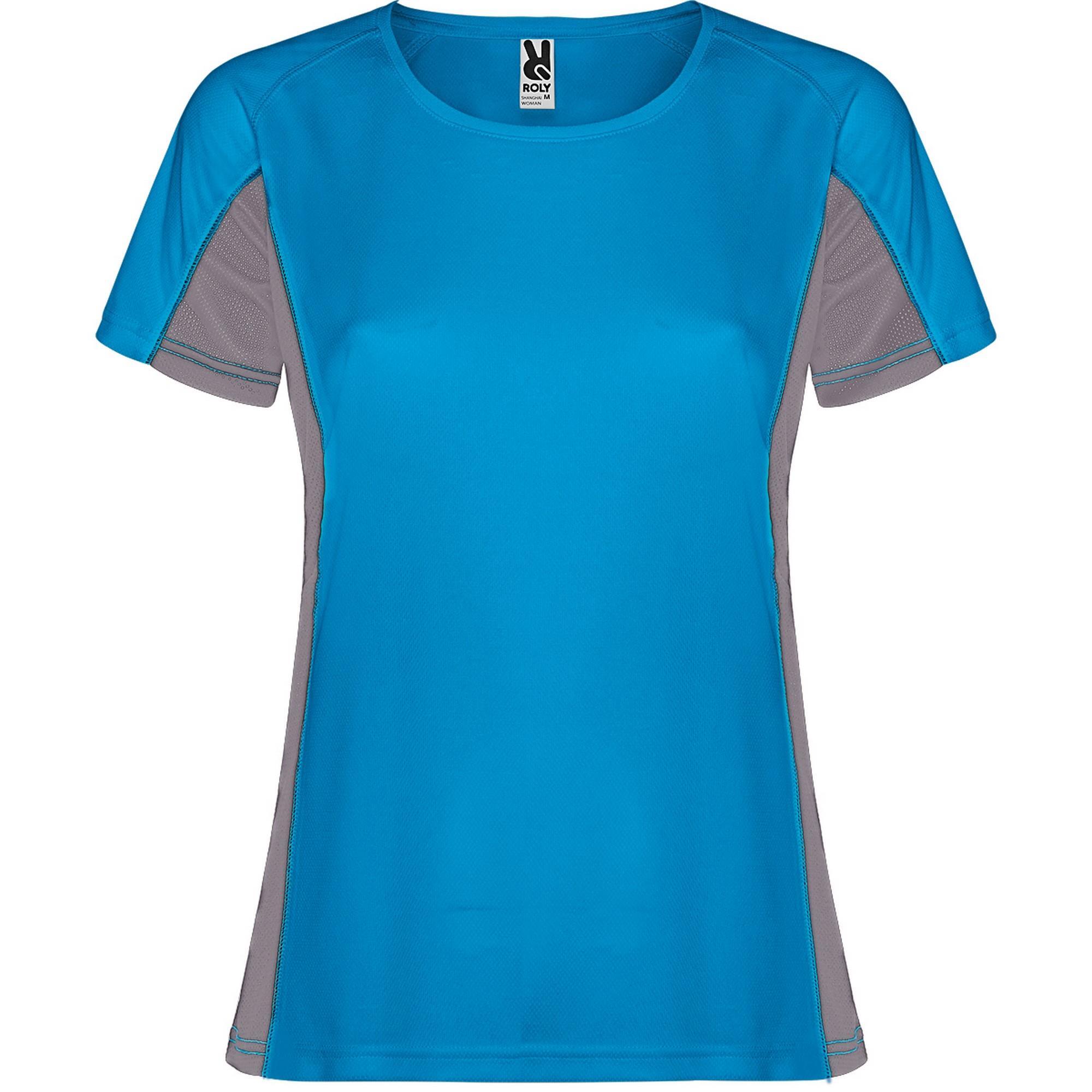 Fraaie sport dames T-shirt turquoise met donker grijs