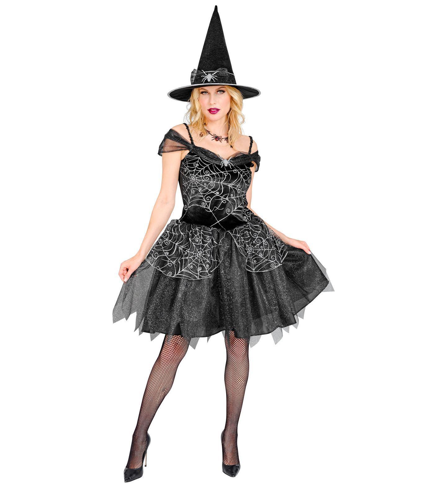 Heks jurk en hoed Halloween met spinnenweb print