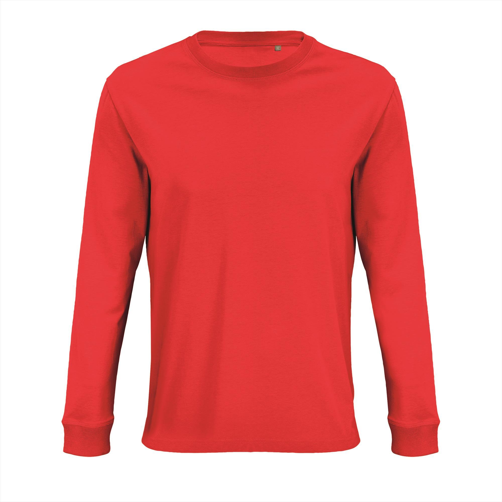 Heren shirt Ronde hals bright red biologisch katoen met lange mouwen