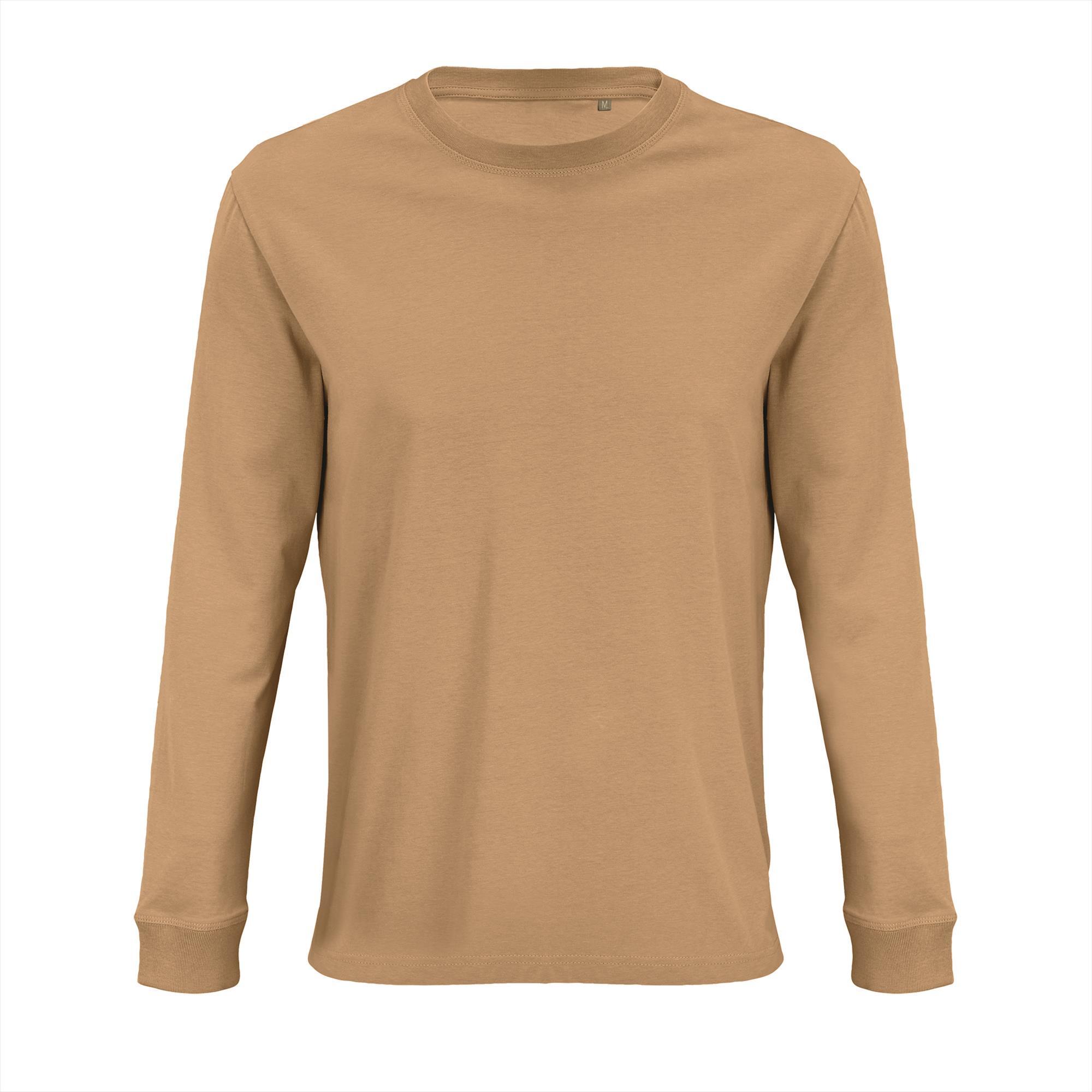 Heren shirt Ronde hals donker beige katoen met lange mouwen