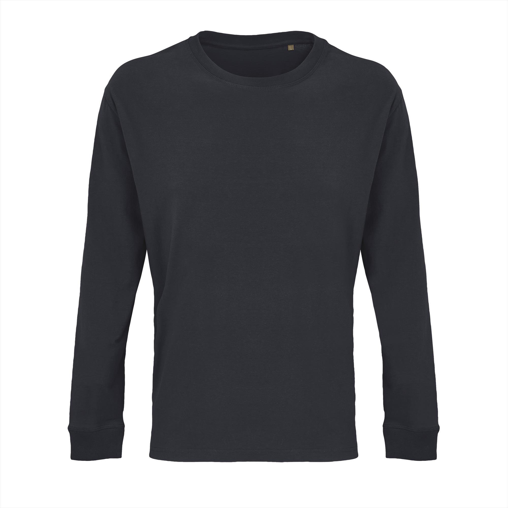 Heren shirt Ronde hals donkerblauw katoen met lange mouwen