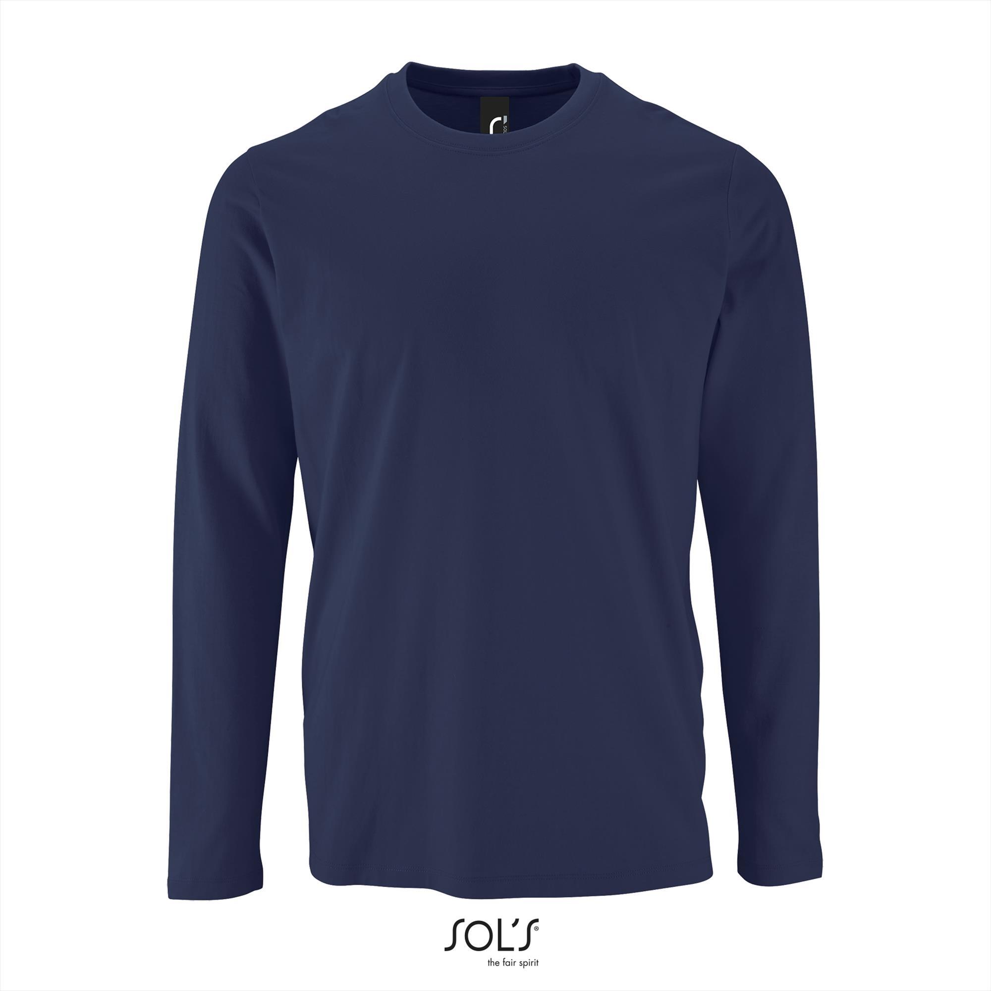 Heren T-shirt donkerblauw lange mouw en ronde hals