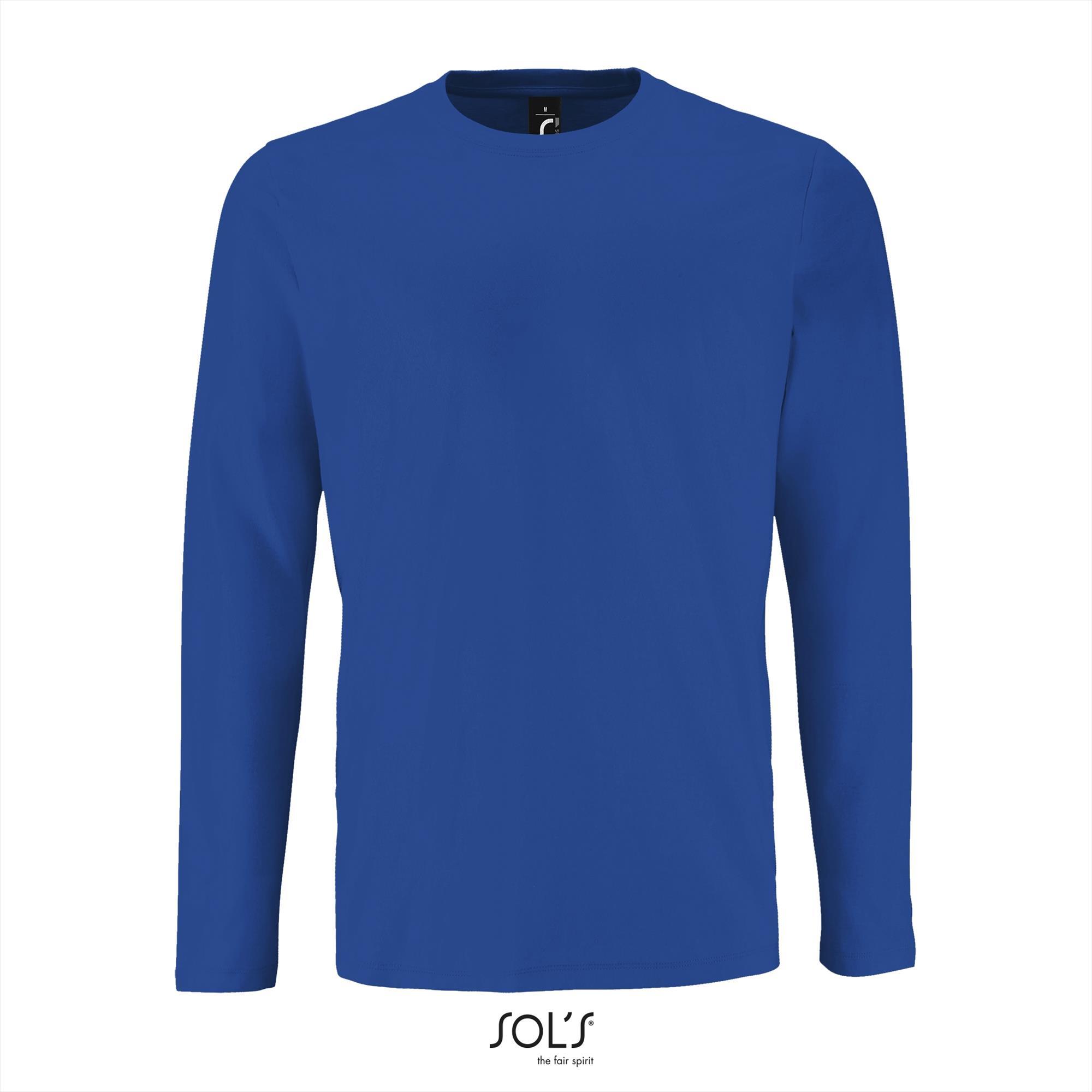 Heren T-shirt royal blauw lange mouw en ronde hals