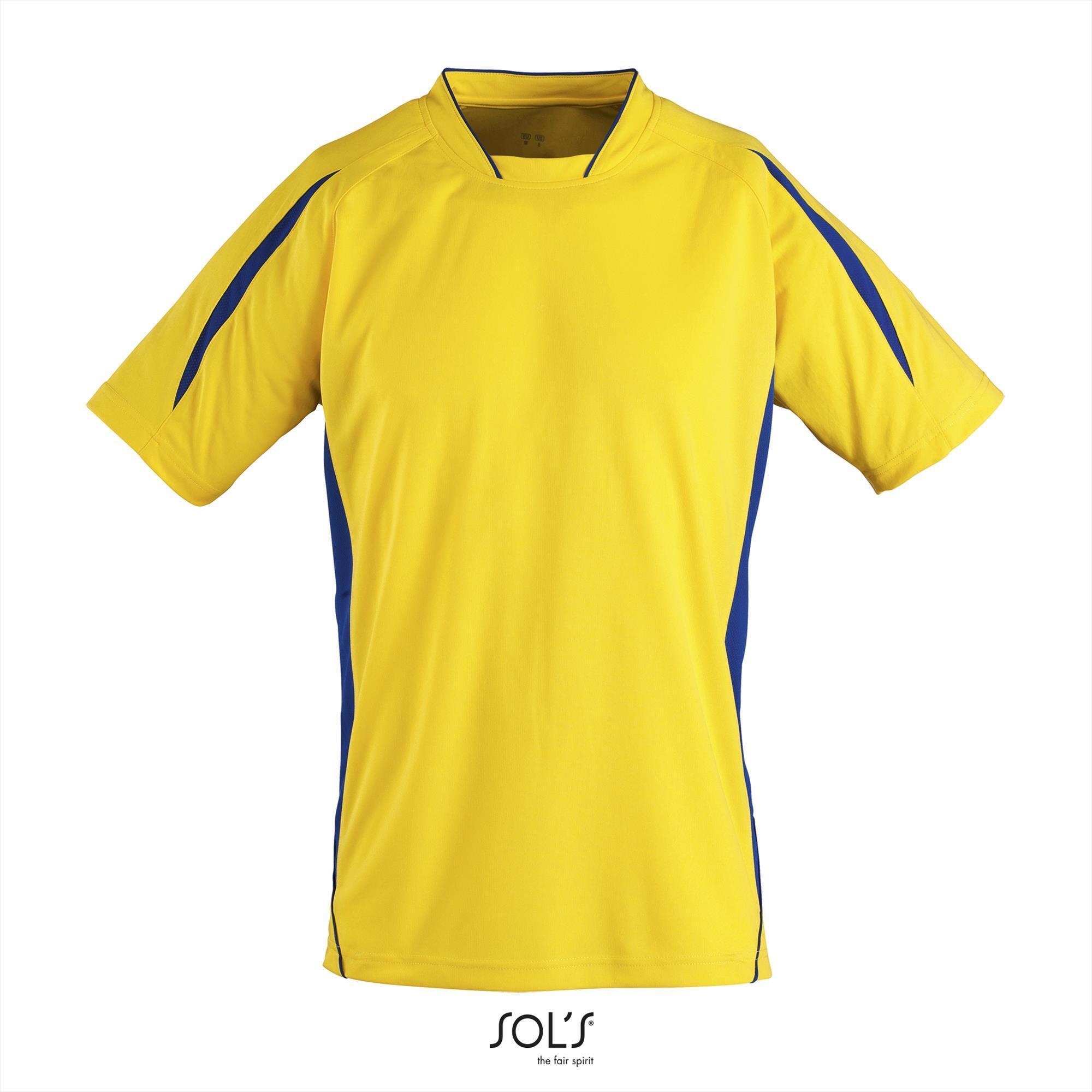 Kinder sportshirt lemon geel met royal blauw sportief sport shirt personaliseren sport shirt