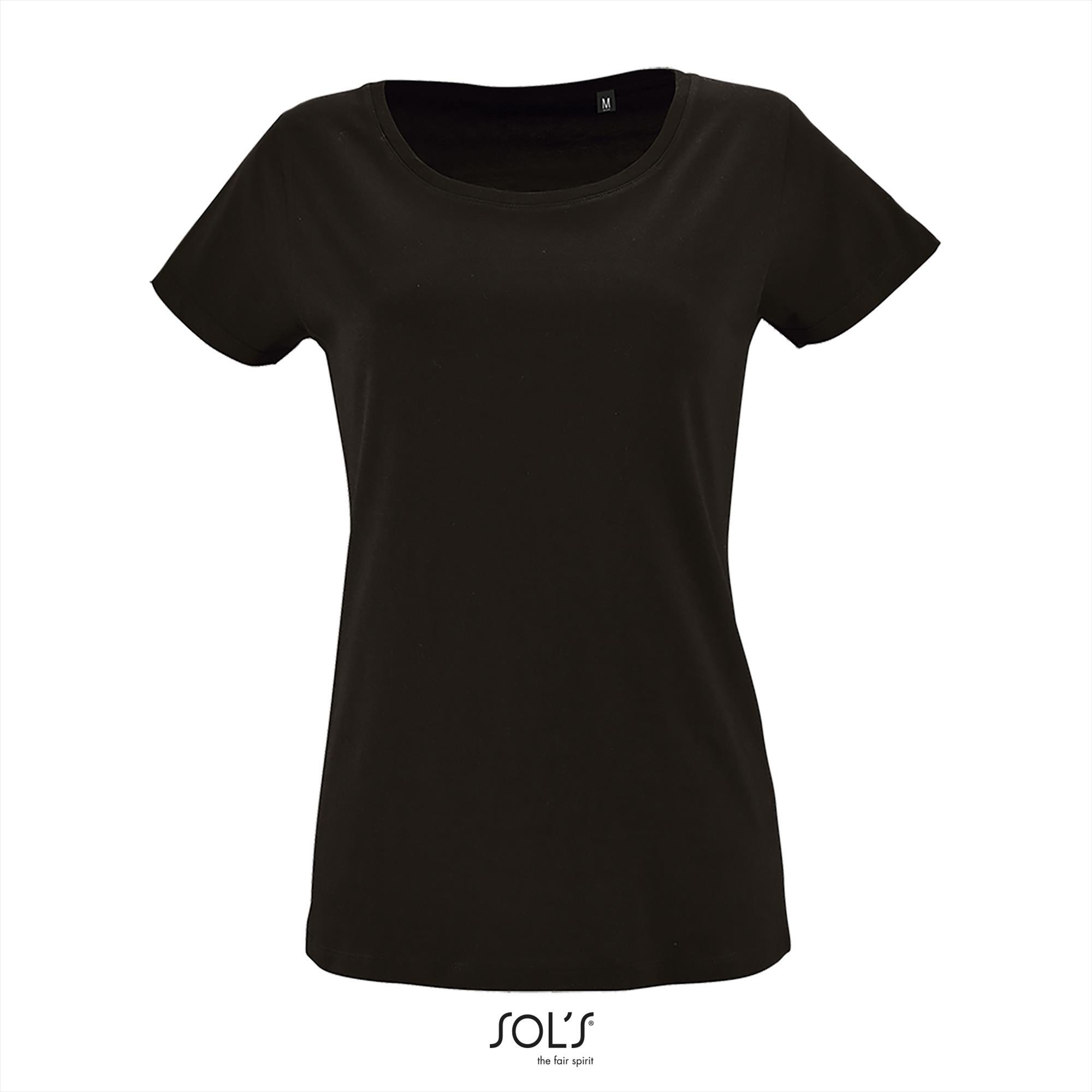 Modern dames biologisch katoen T-shirt diep zwart met vrouwelijke ronde hals
