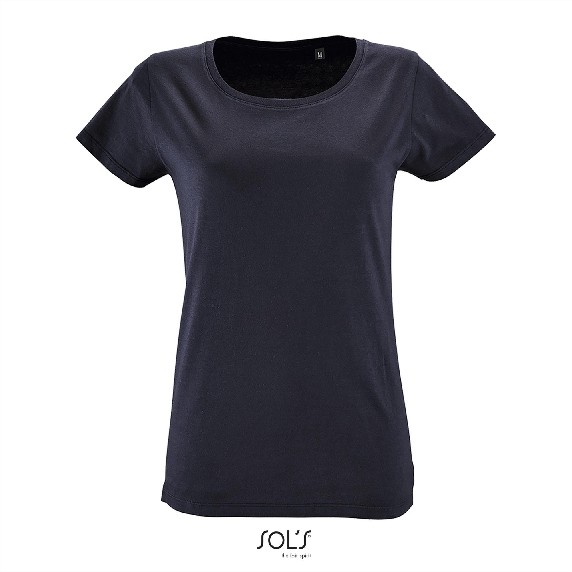Modern dames biologisch katoen T-shirt donkerblauw met vrouwelijke ronde hals