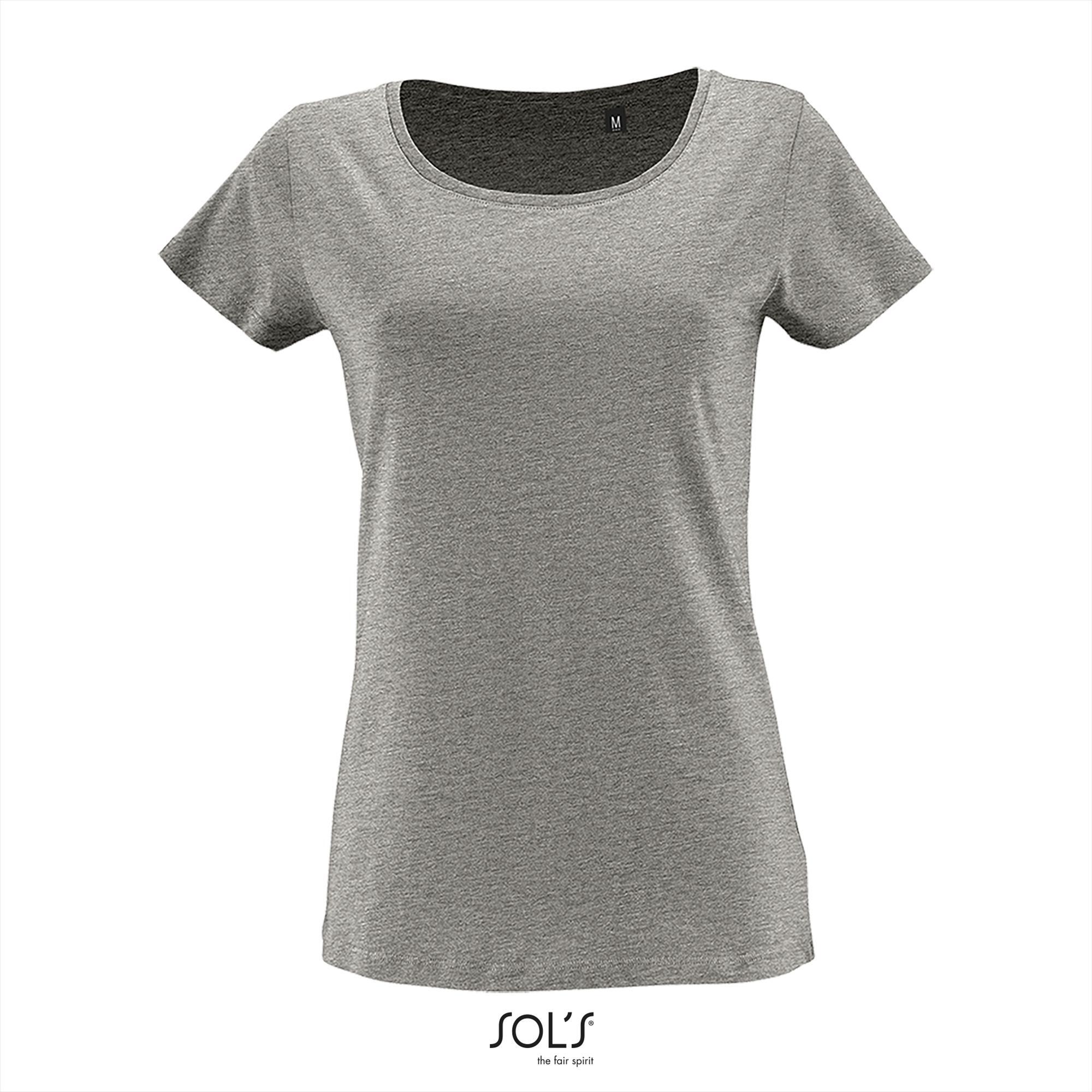 Modern dames biologisch katoen T-shirt grijs melange met vrouwelijke ronde hals