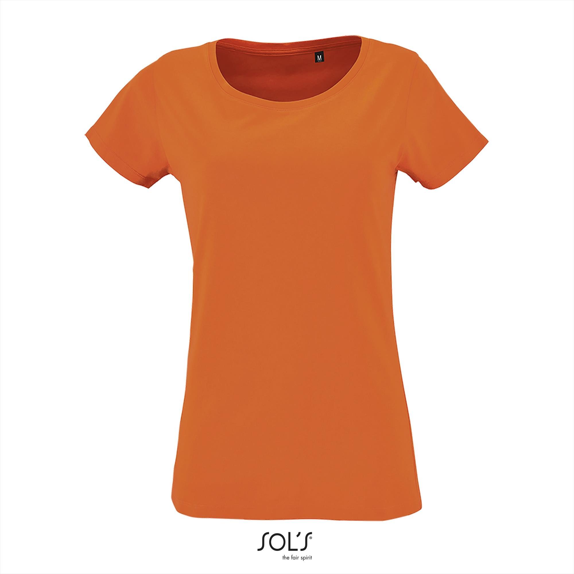Modern dames biologisch katoen T-shirt oranje met vrouwelijke ronde hals