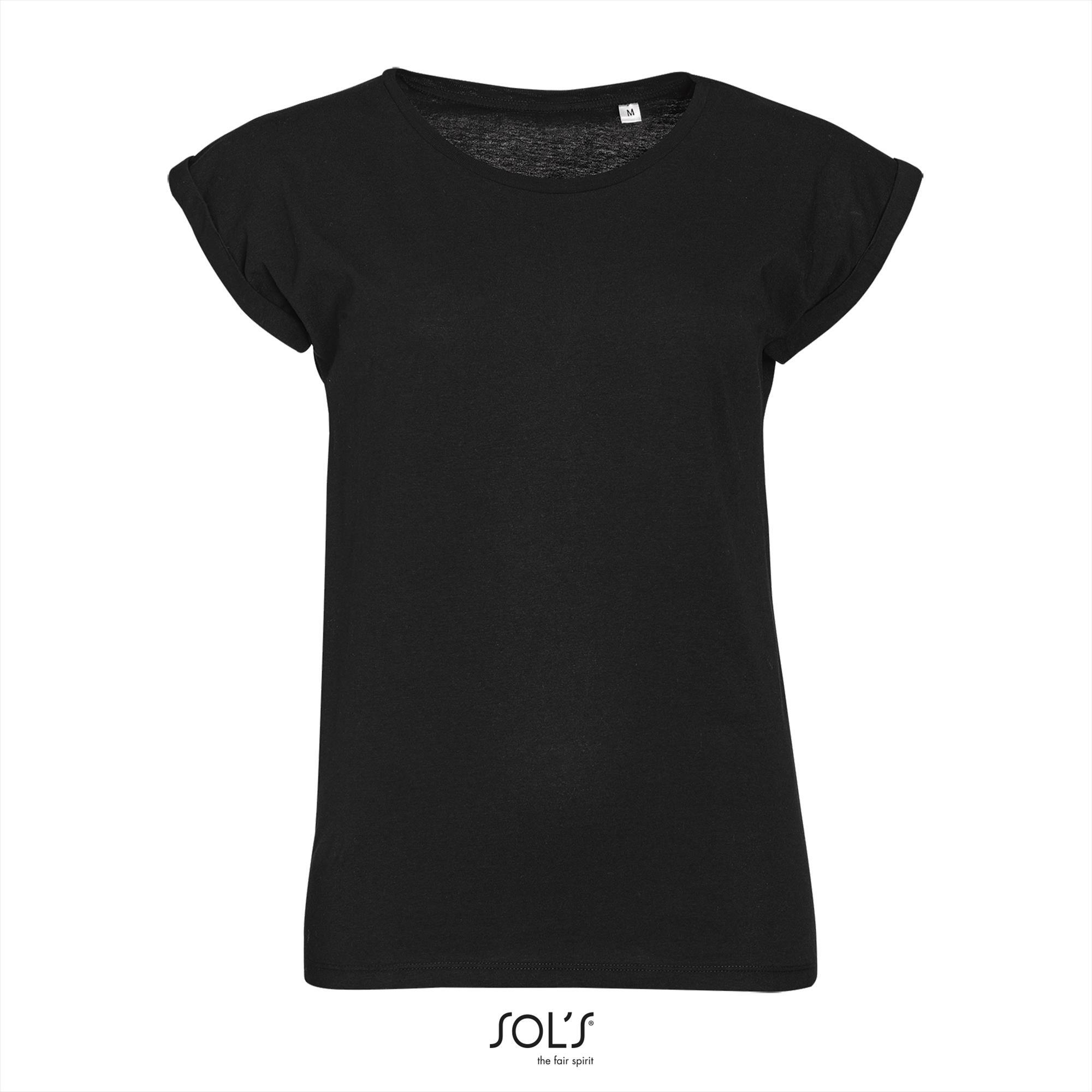 Modieus dames T-shirt deep black met omslagmouwtjes korte mouw