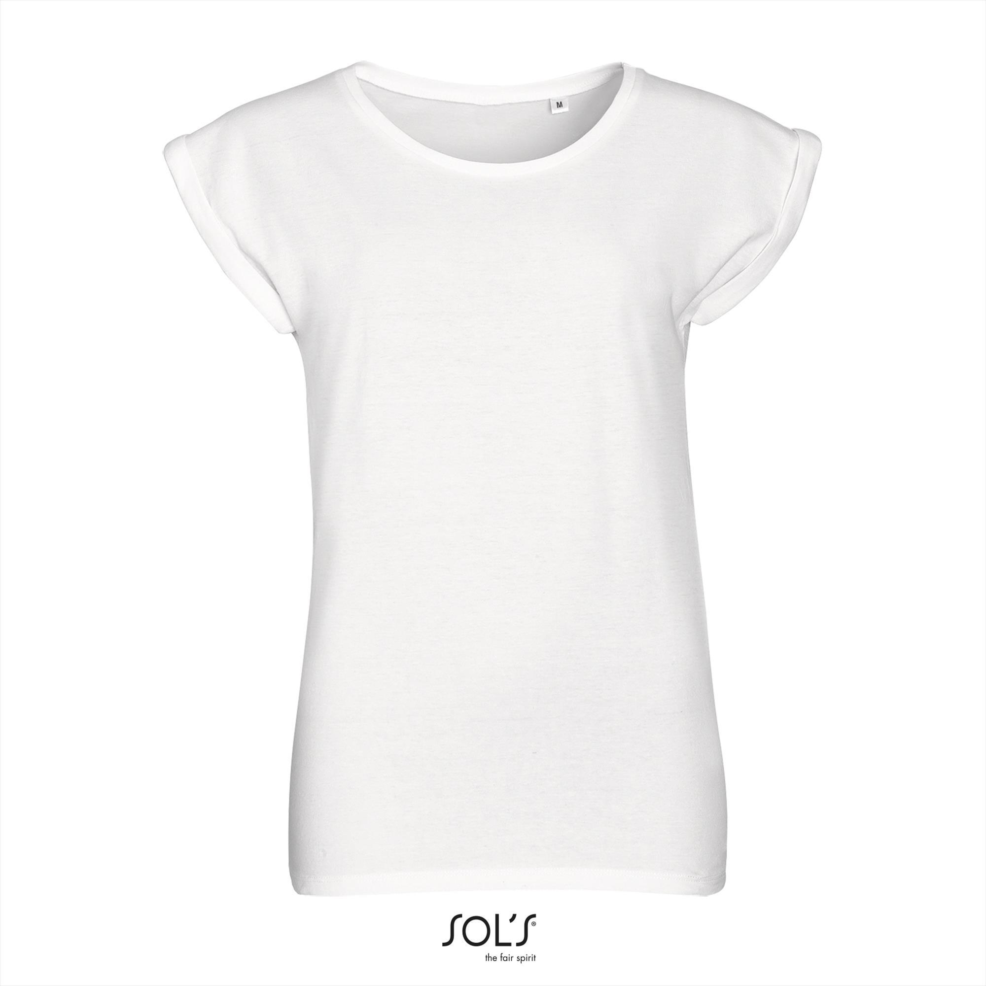 Modieus dames T-shirt wit met omslagmouwtjes korte mouw