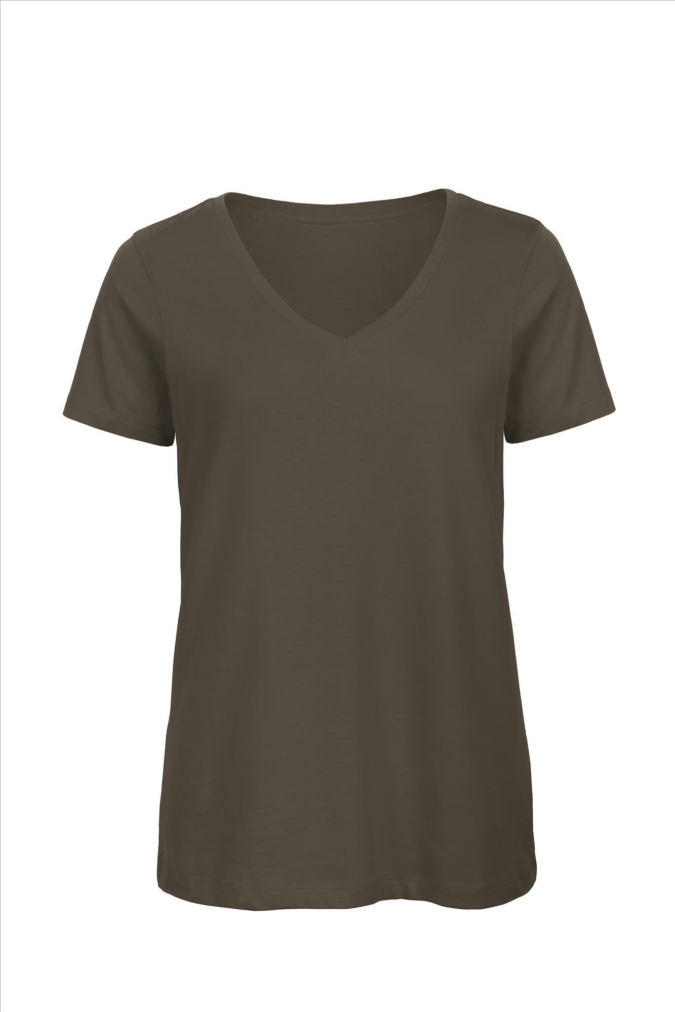 Organic dames T-shirt met V-hals khaki