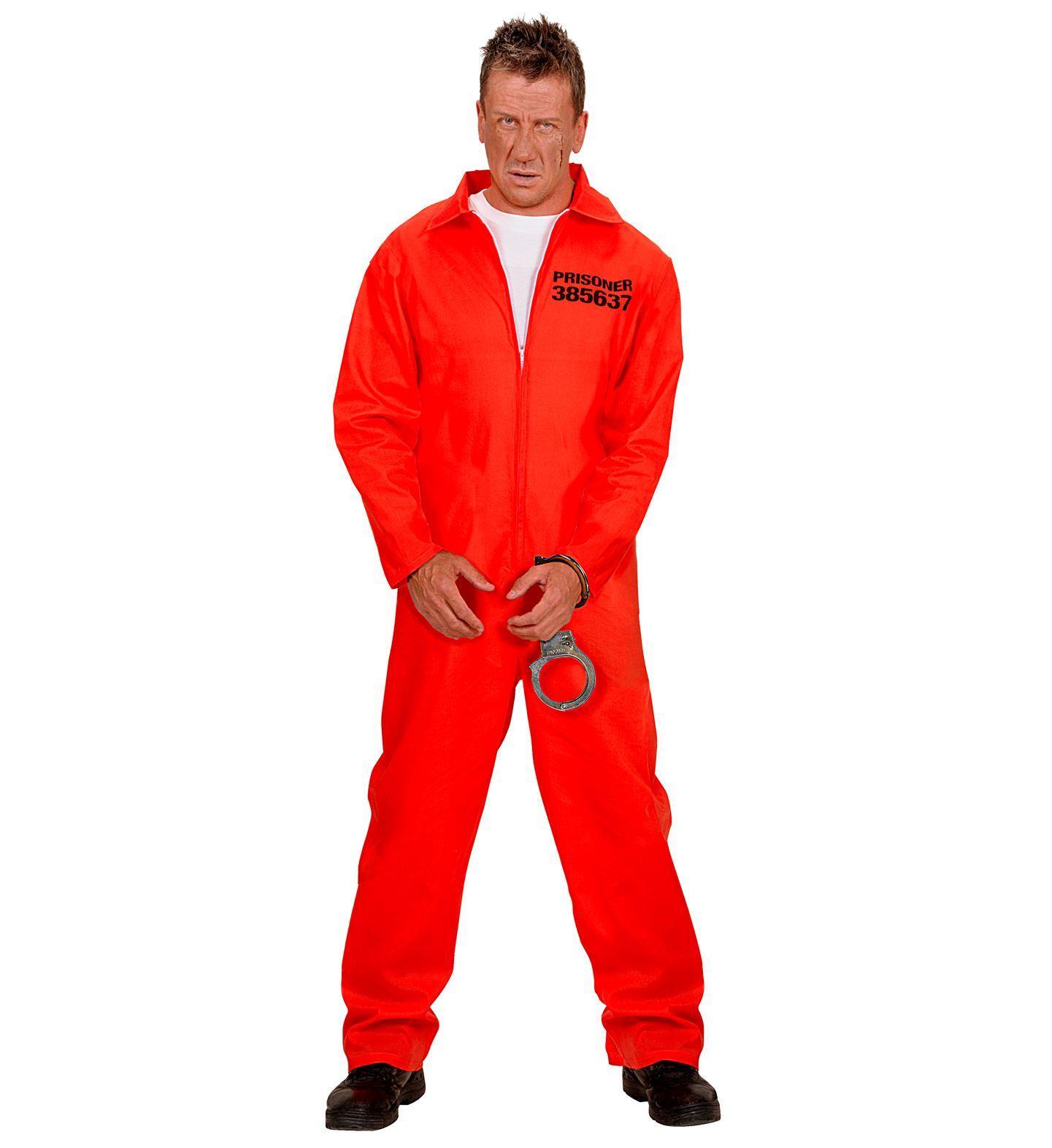 Rode Gevangen overall met handboeien boef schurk outfitje Carnaval