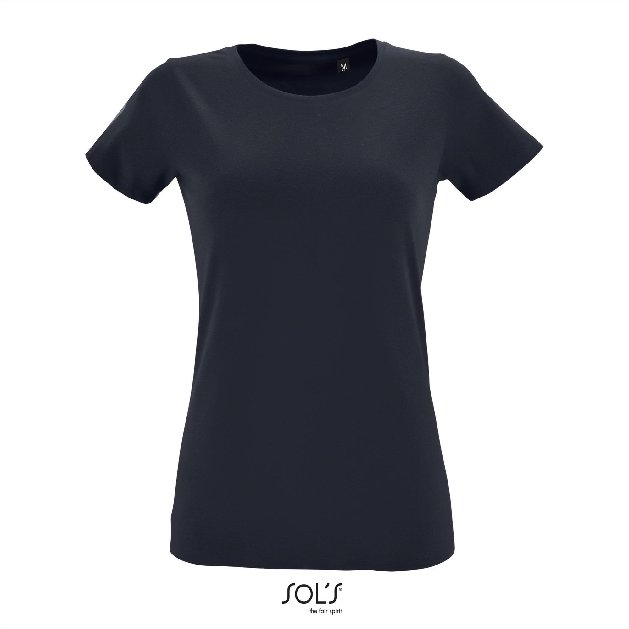 T-shirt Dames donkerblauw fitted met ronde hals