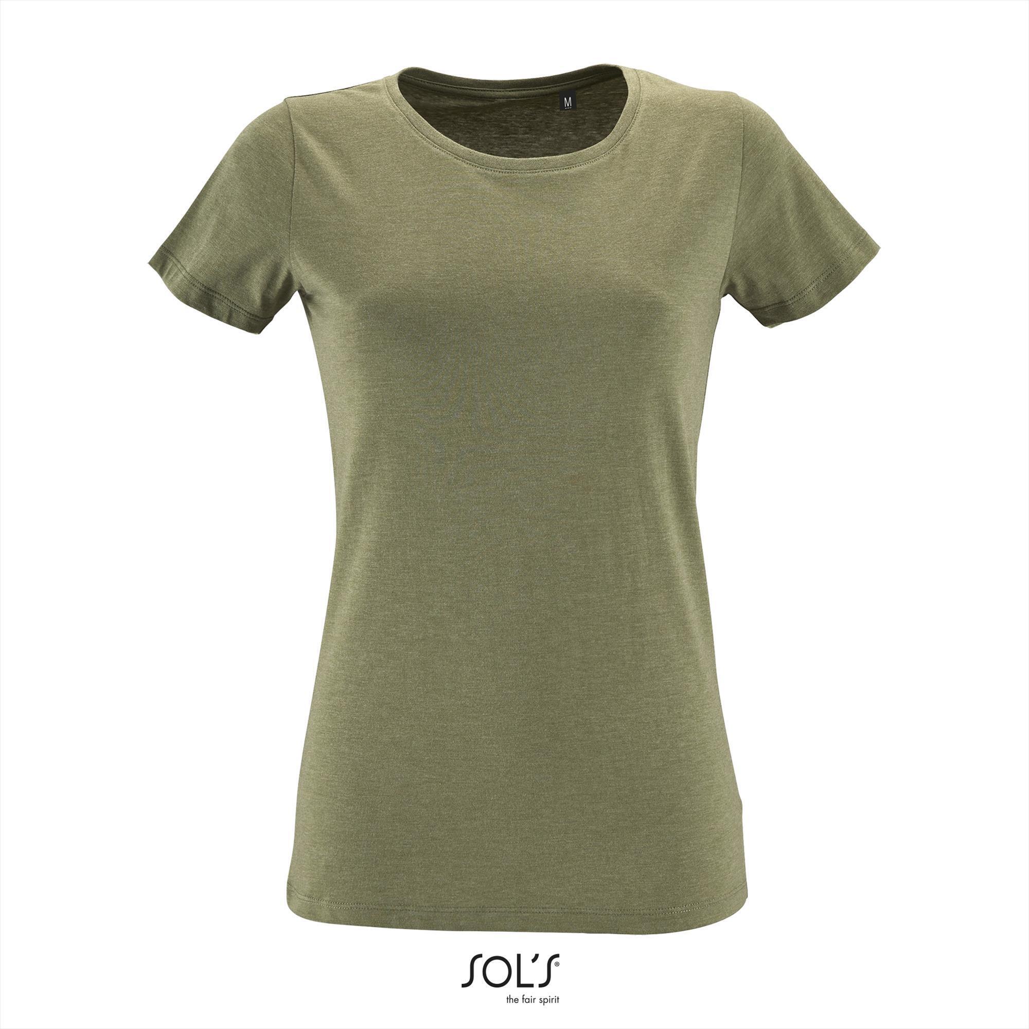 T-shirt Dames heather khaki fitted met ronde hals