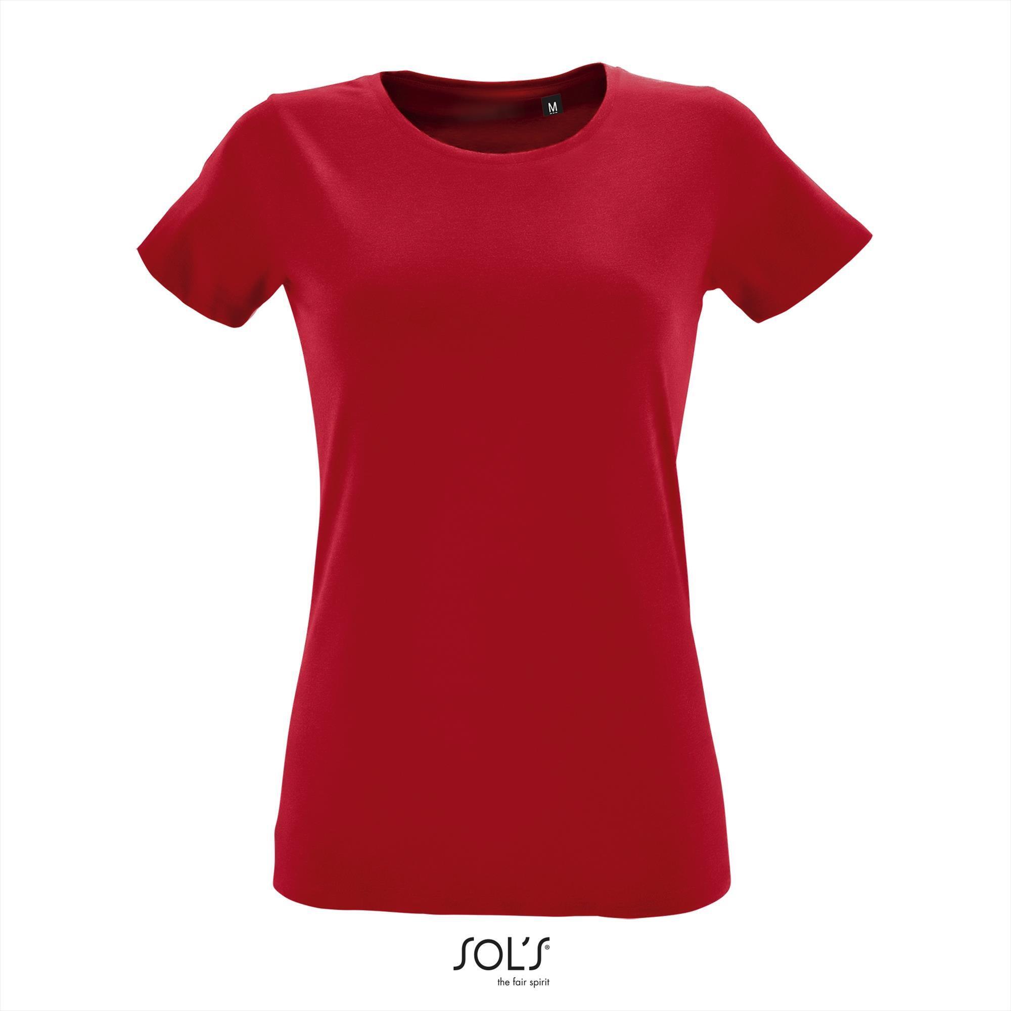 T-shirt Dames rood fitted met ronde hals