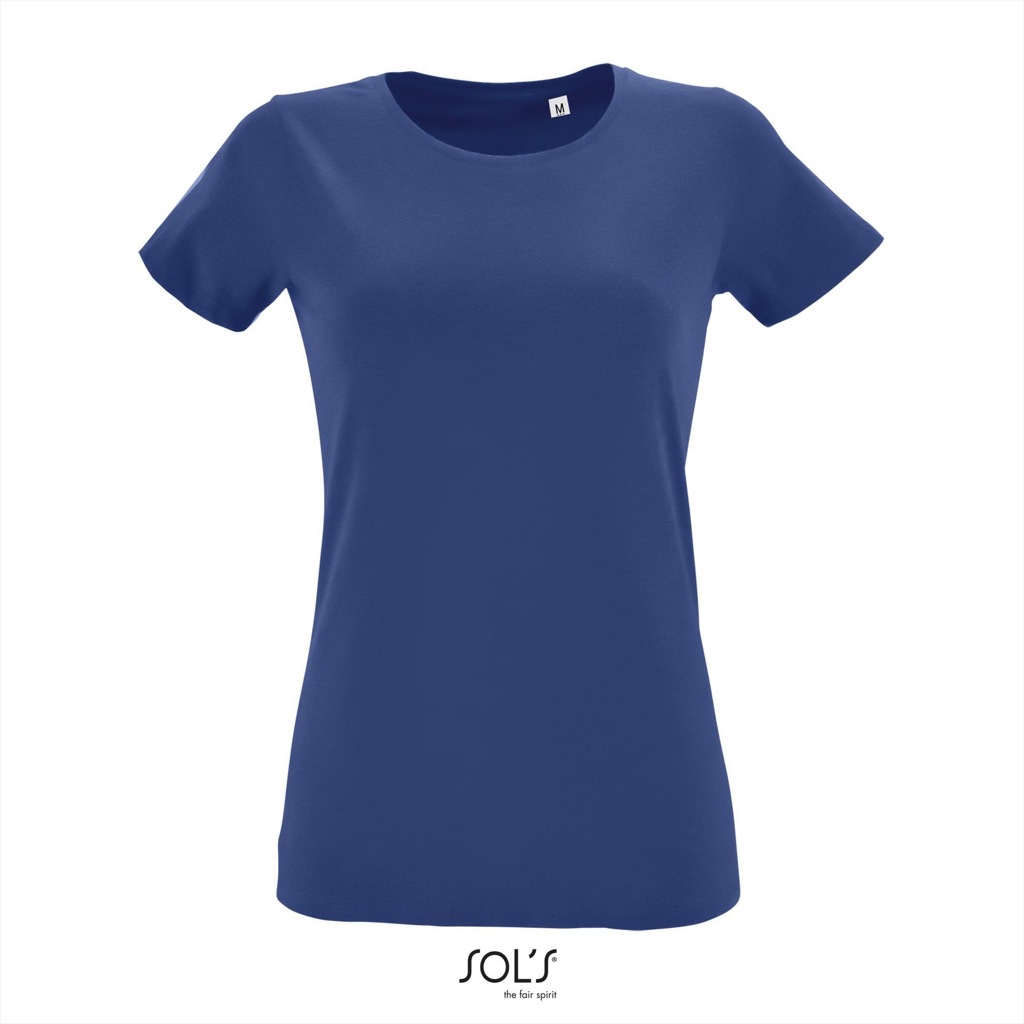 T-shirt Dames royal blauw fitted met ronde hals